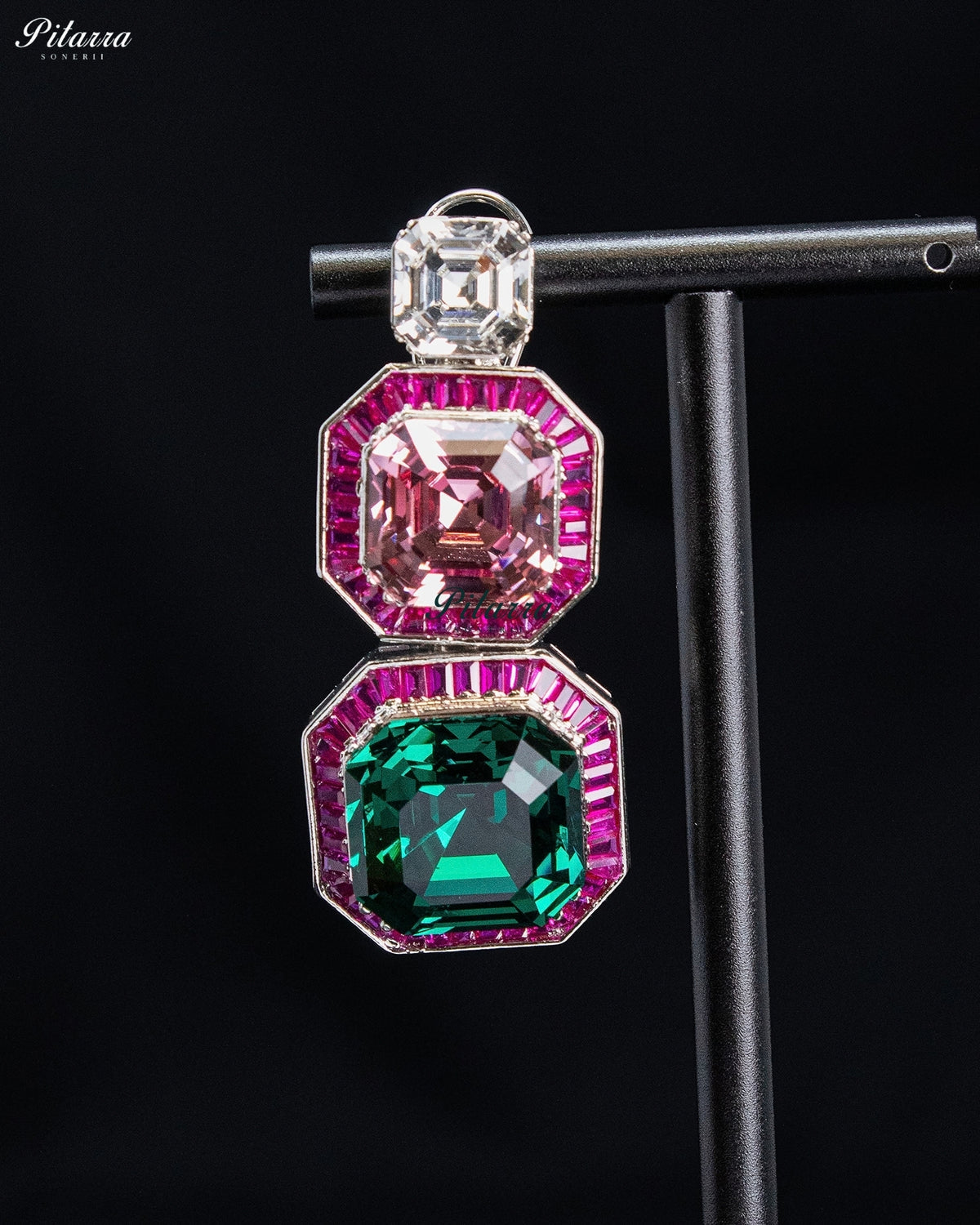 Emerald Green and Blush Pink Geometric Drop Statement Earrings