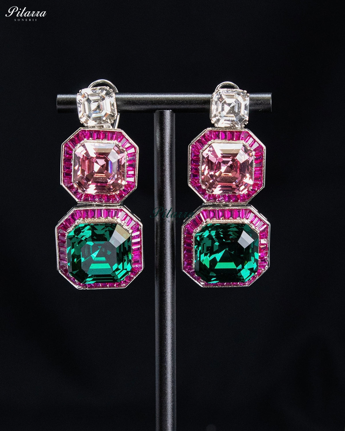 Emerald Green and Blush Pink Geometric Drop Statement Earrings