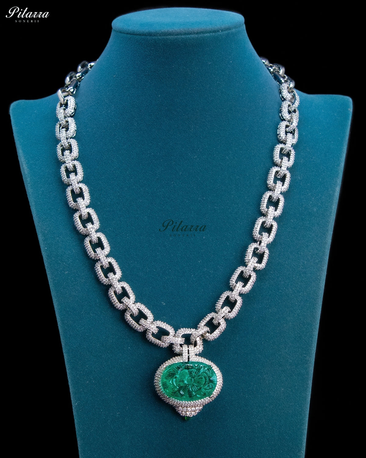 Emerald Green Carved Medallion Link Statement Necklace Set