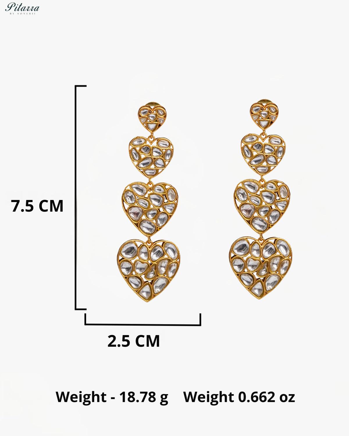 White Kundan Triple Heart Drop Earrings