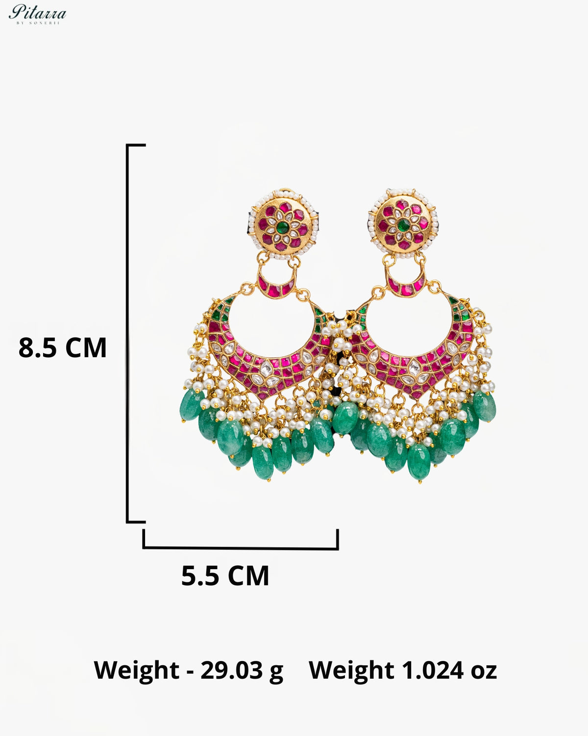Pink Green Pearl Kundan Chandbali Earrings