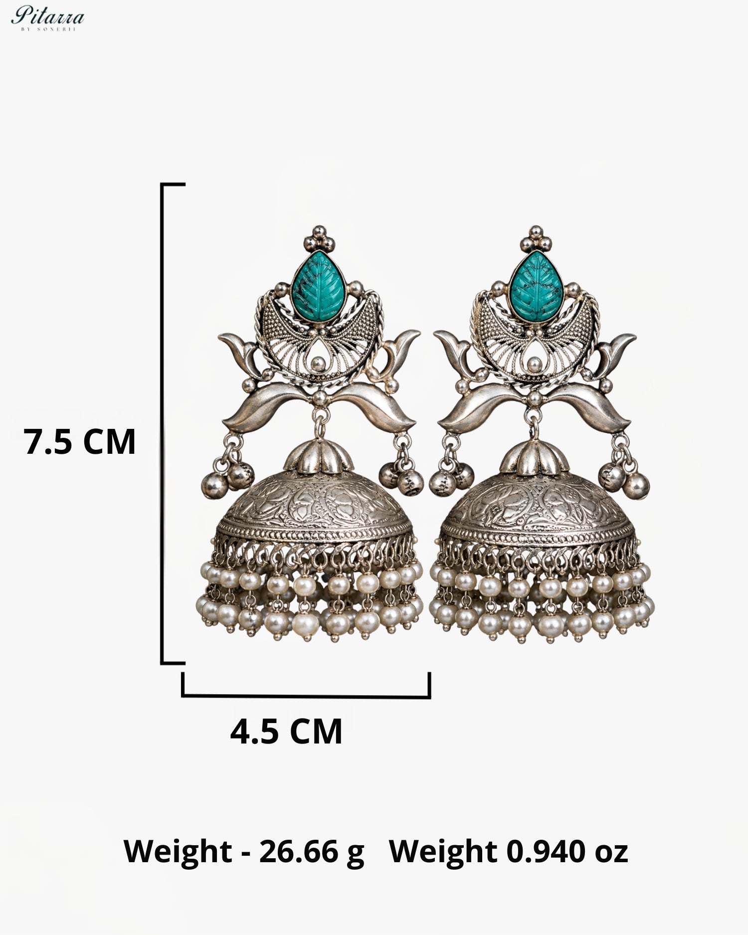 Turquoise Leaf Silver Look-Alike Pearl Jhumka Earrings