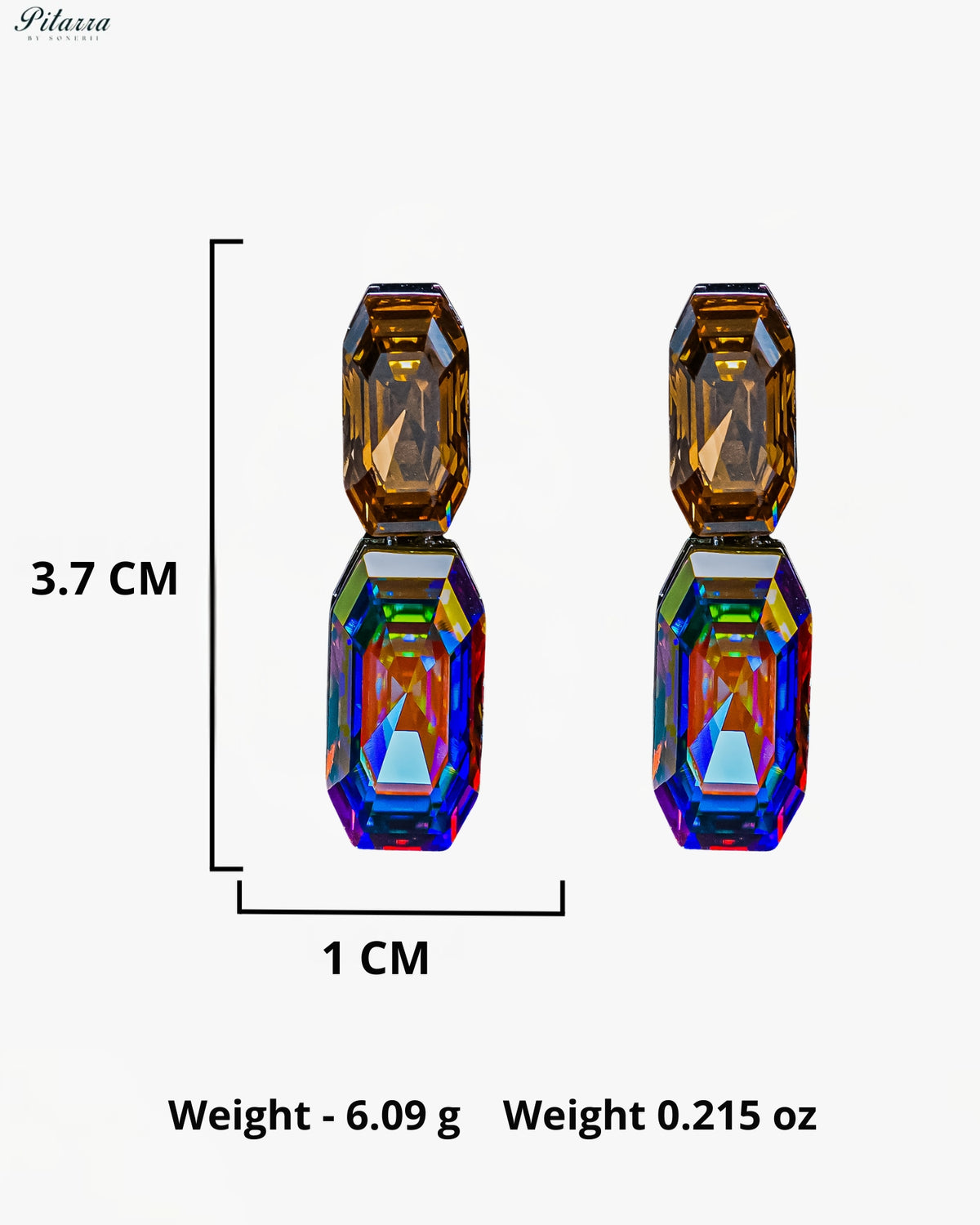 Amber and Multicolor Emerald Cut Crystal Drop Earrings