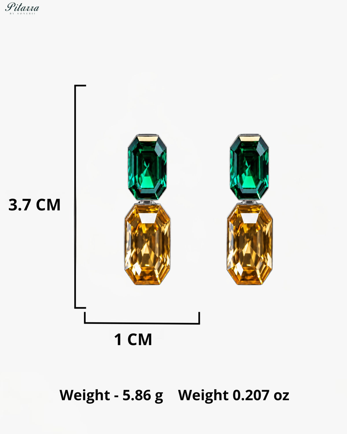 Emerald Green and Golden Amber Emerald Cut Crystal Drop Earrings