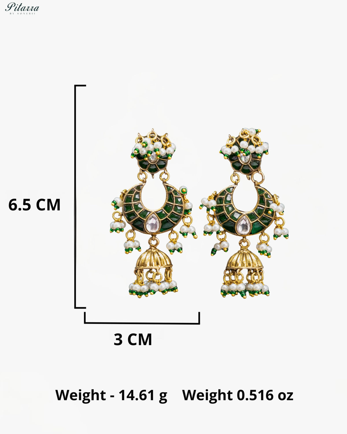 Green Pearl Kundan Chandbali Jhumka Earrings