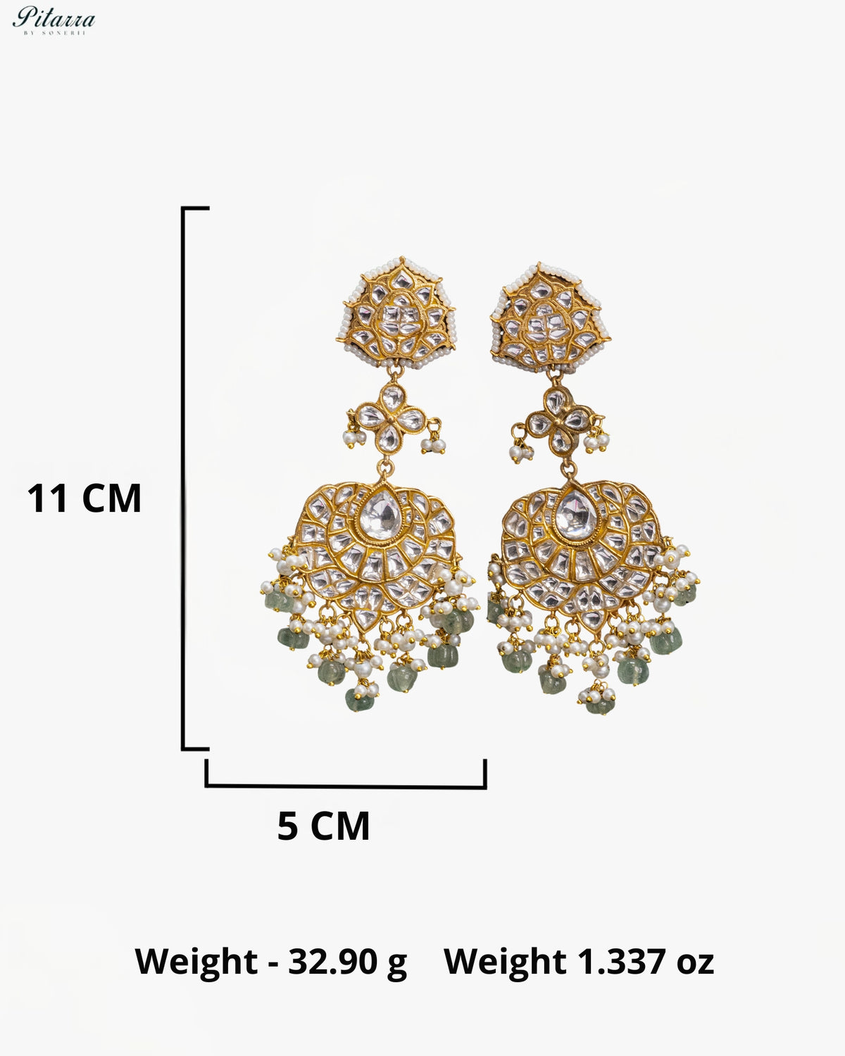 White Green Pearl Kundan Chandbali Earrings