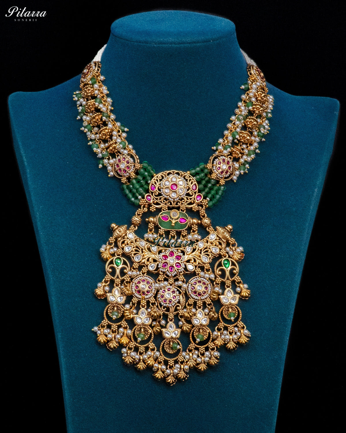 Antique Gold Plated Green Beaded Peacock Kundan Long Necklace Set
