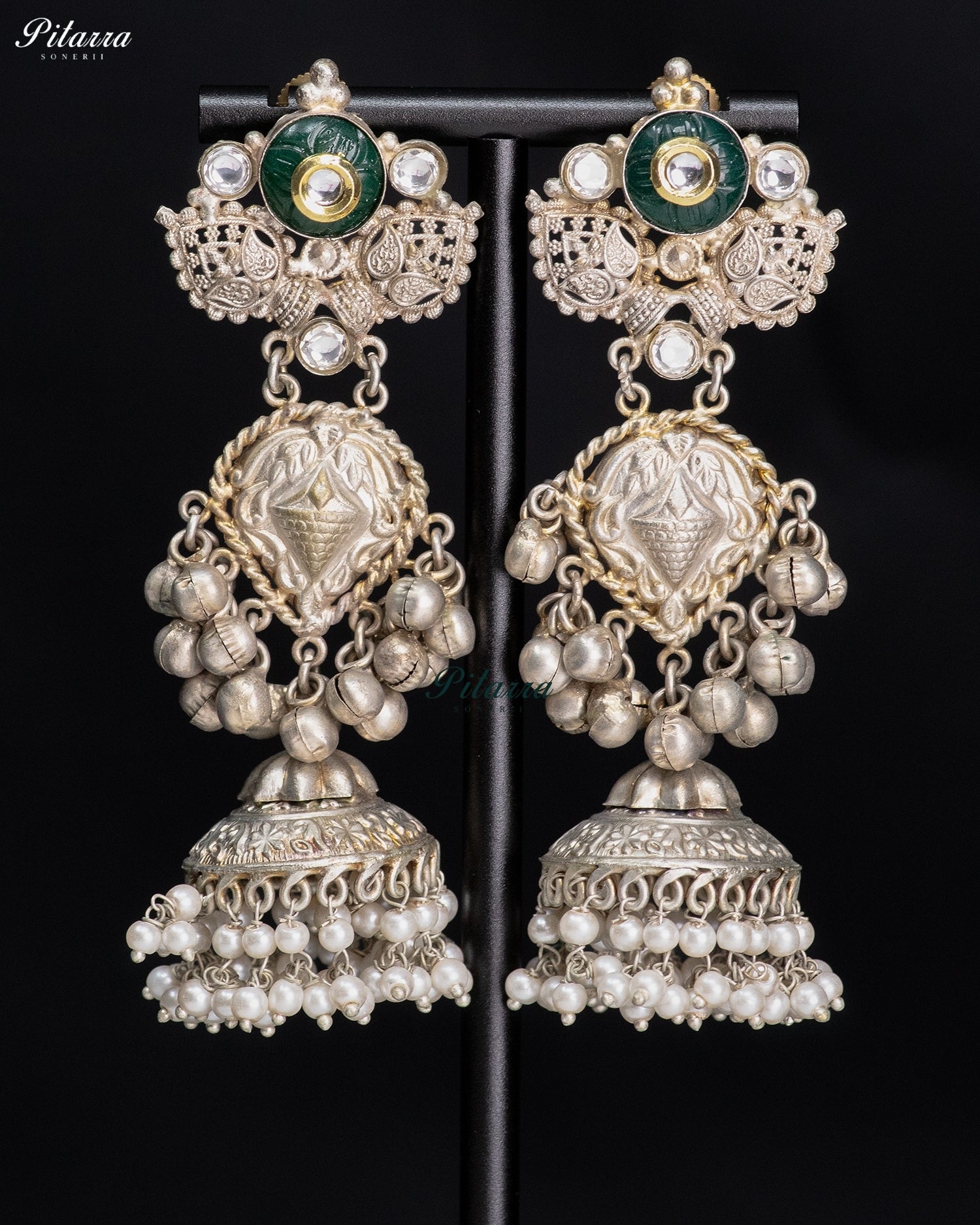 Green Stone Silver Look-Alike Pearl Jhumka Earrings