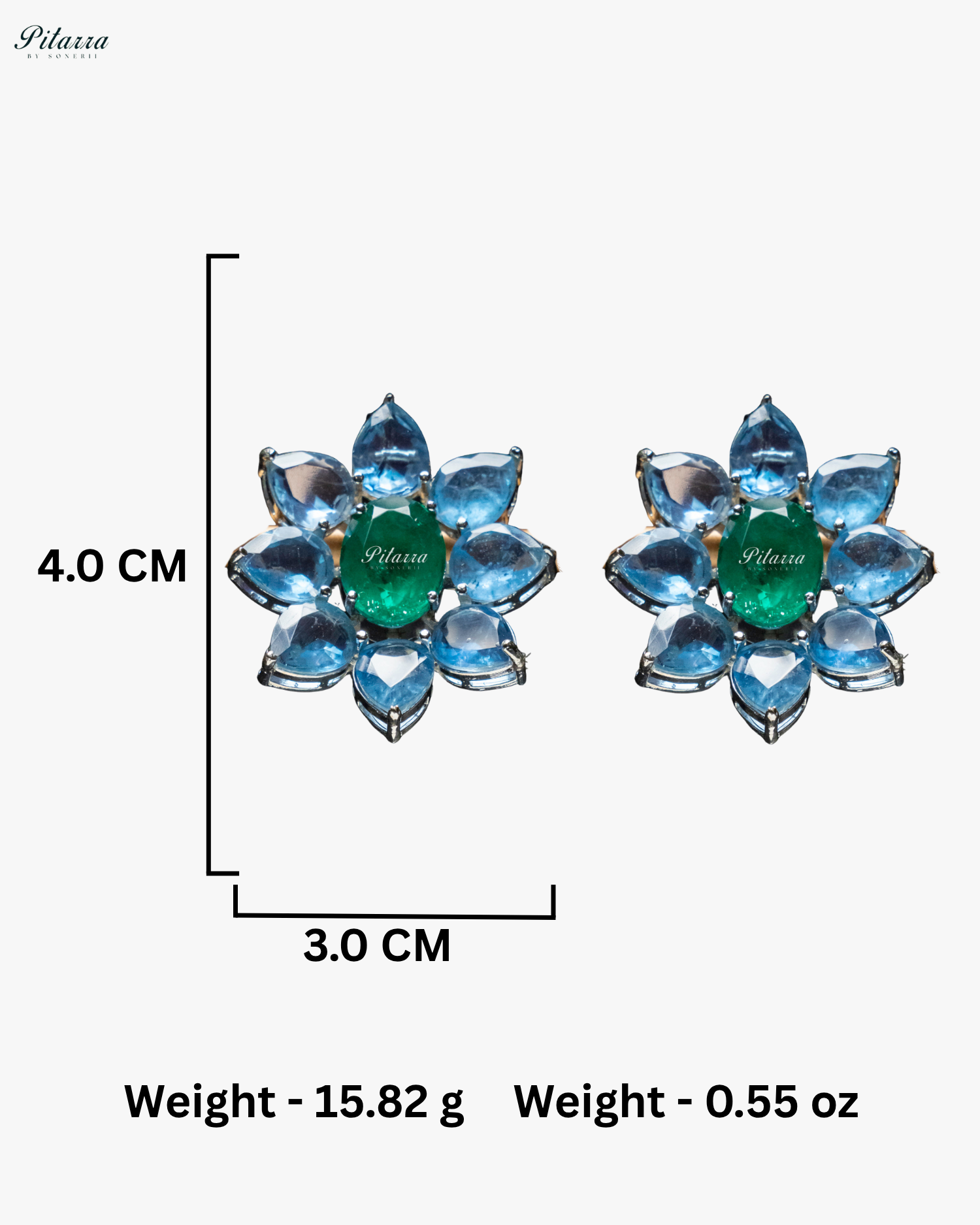 Emerald Floral Ocean Blue Petals CZ Crystal Stud Earrings