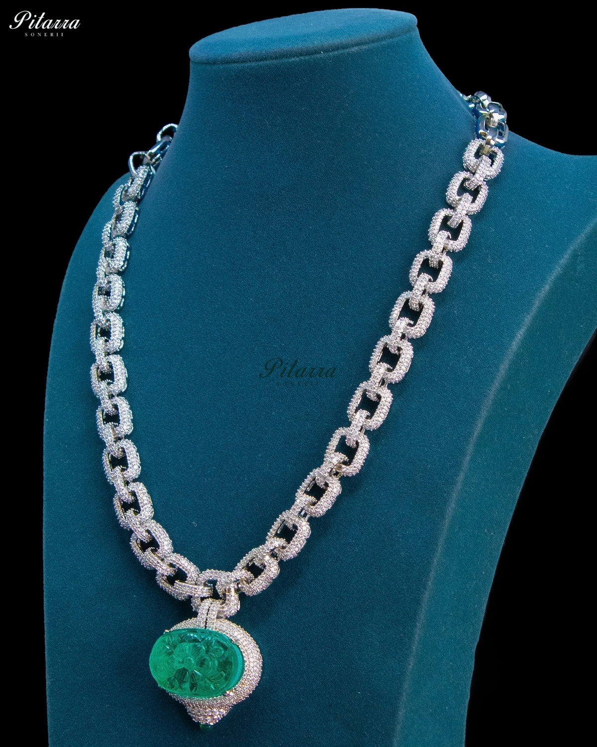 Emerald Green Carved Medallion Link Statement Necklace Set