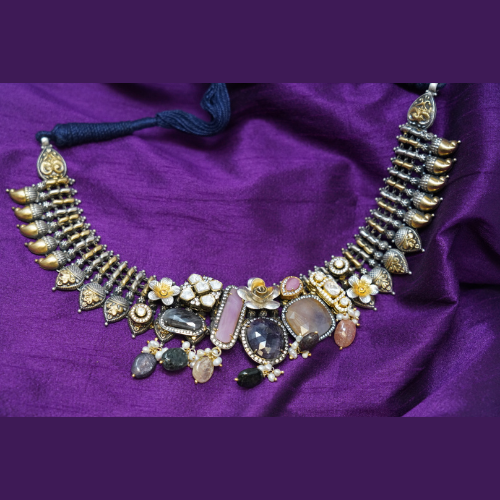 Heavy Brass Multi Stones Silver Necklace