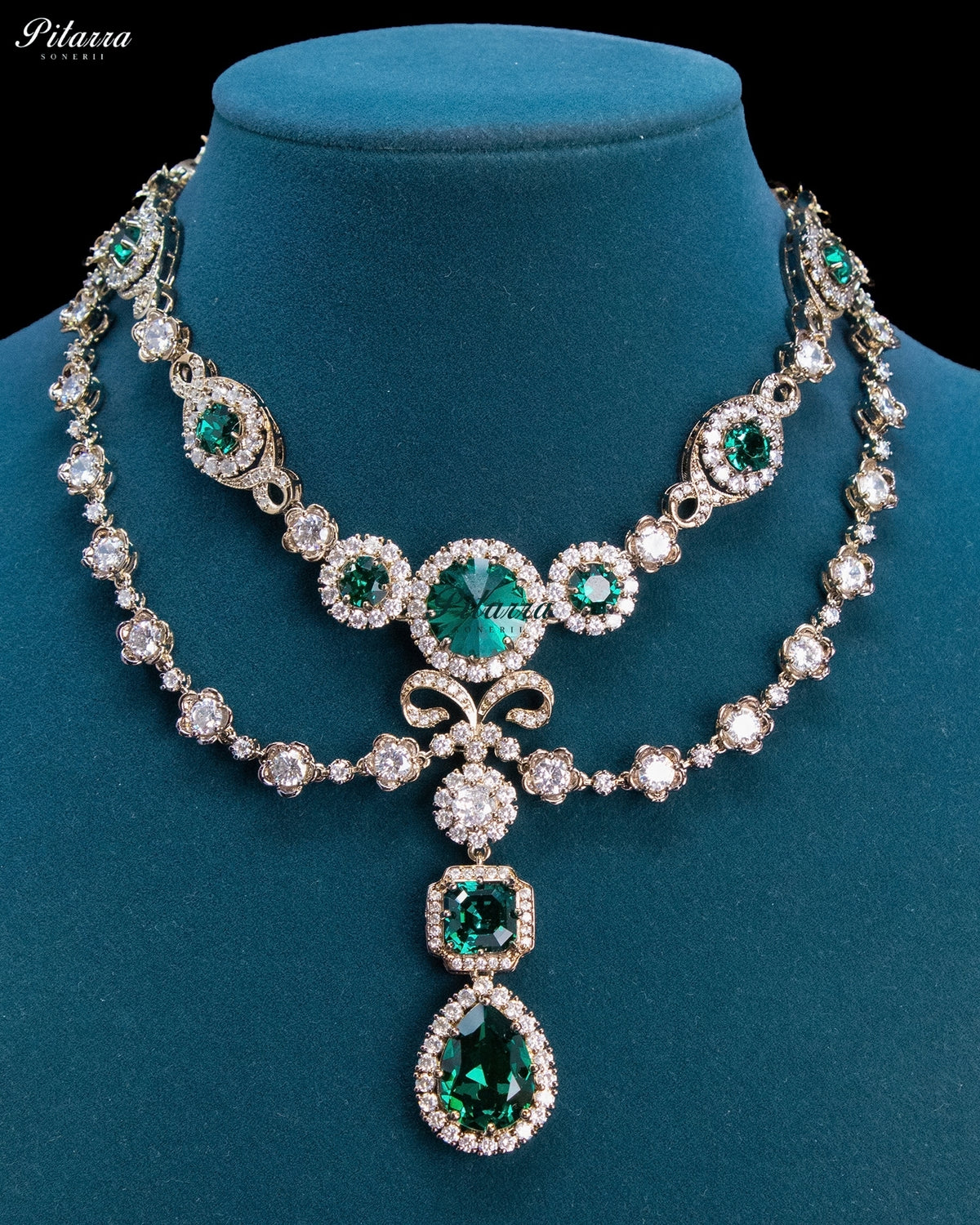 Emerald Green Double-Layer Teardrop Statement Necklace Set