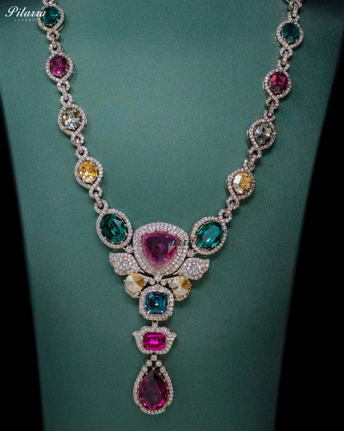 Ruby Pink Multicolor Crystal Pendant Necklace Set