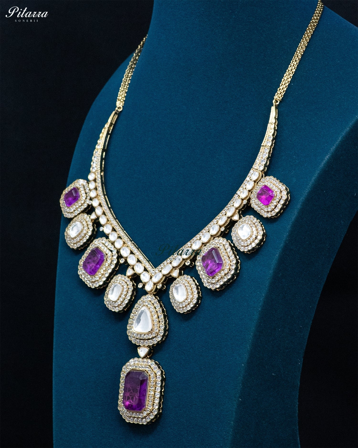Purple Square Kundan Necklace Set