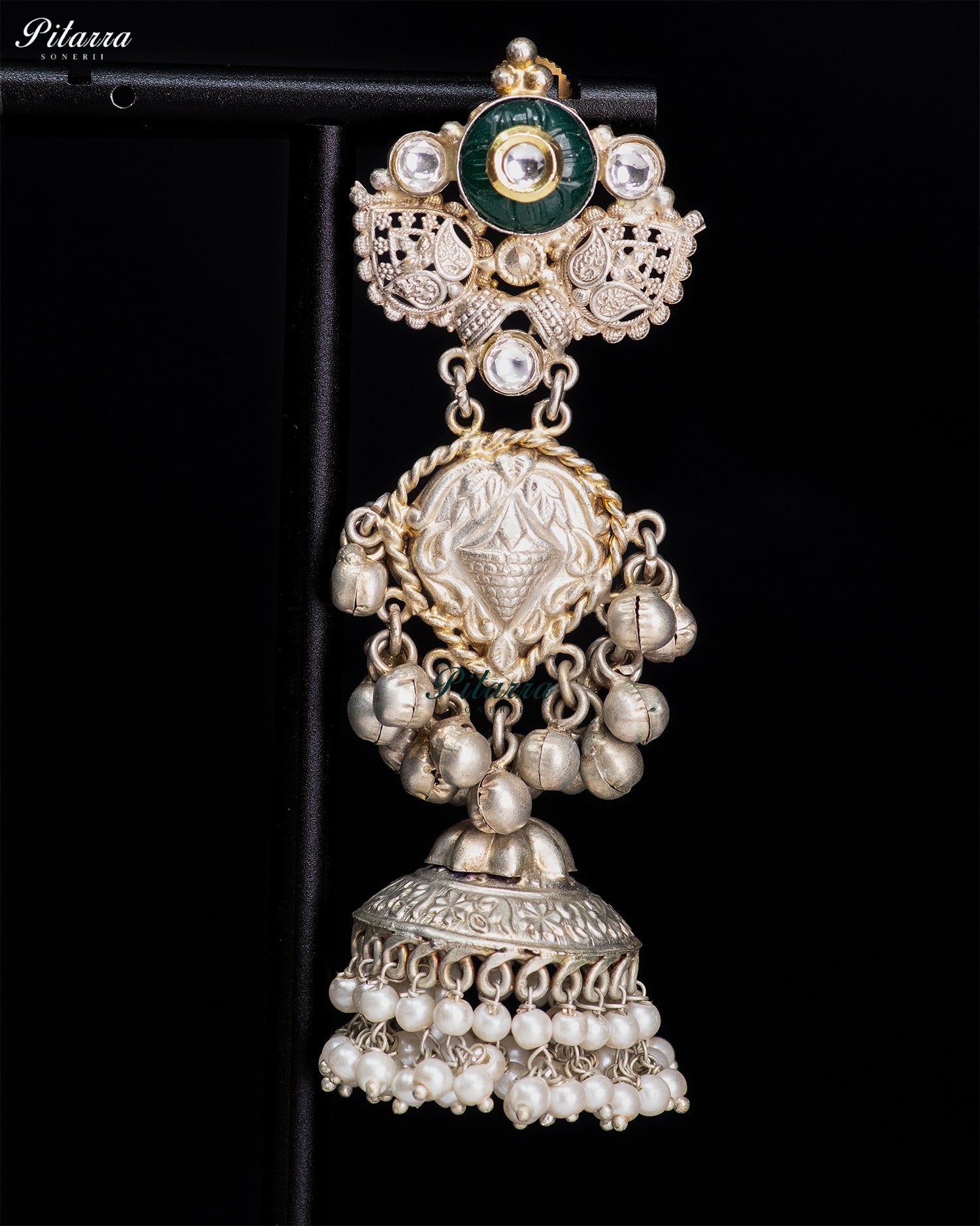 Green Stone Silver Look-Alike Pearl Jhumka Earrings