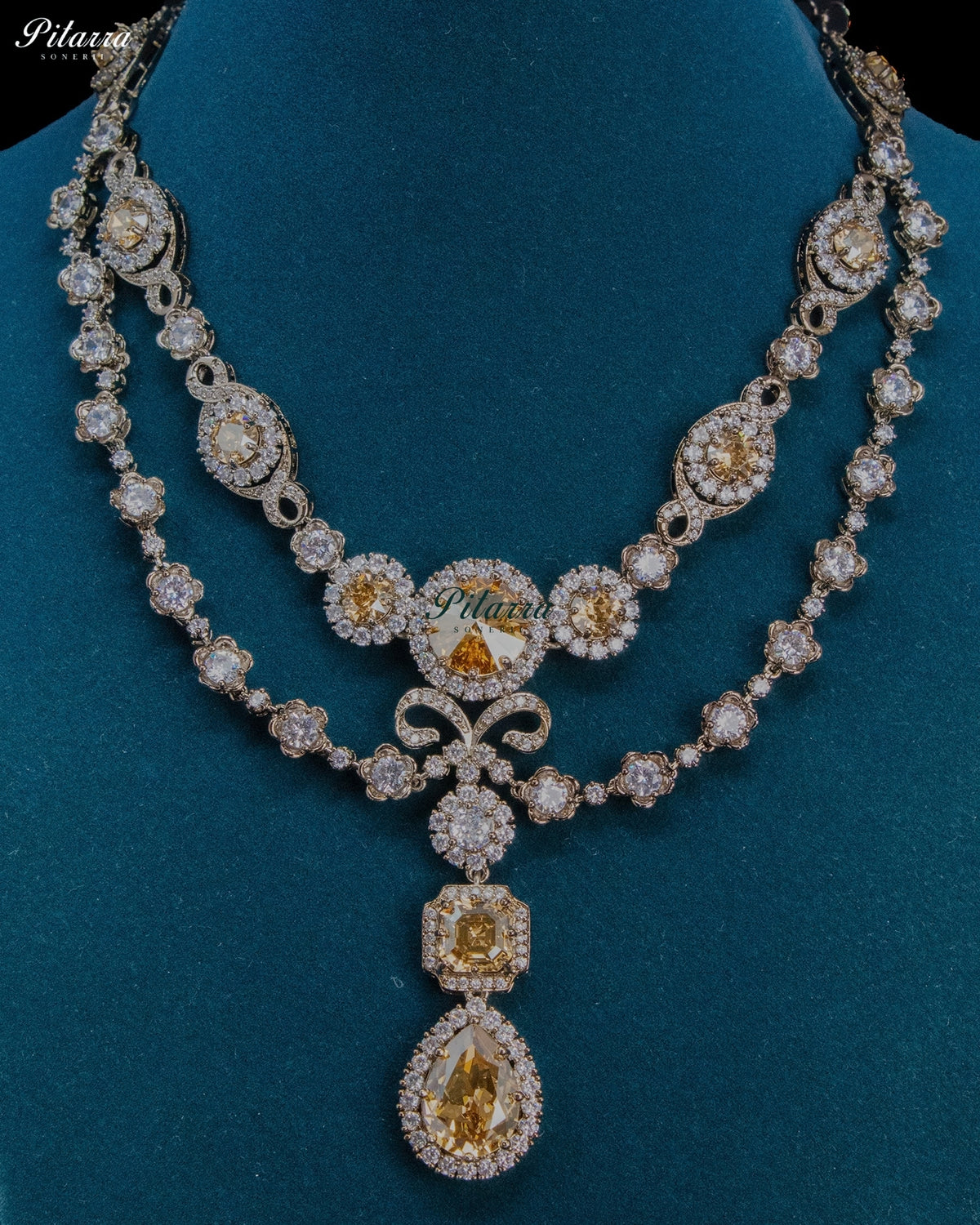 Champagne Crystal Double-Layer Teardrop Statement Necklace Set