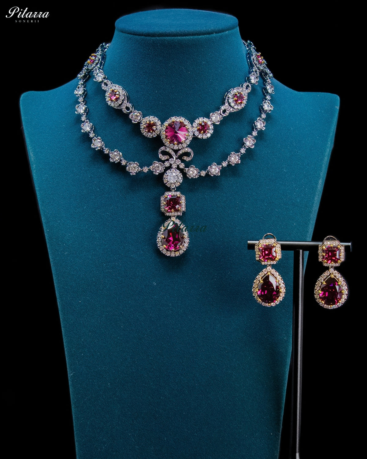 Ruby Crystal Double-Layer Teardrop Statement Necklace Set