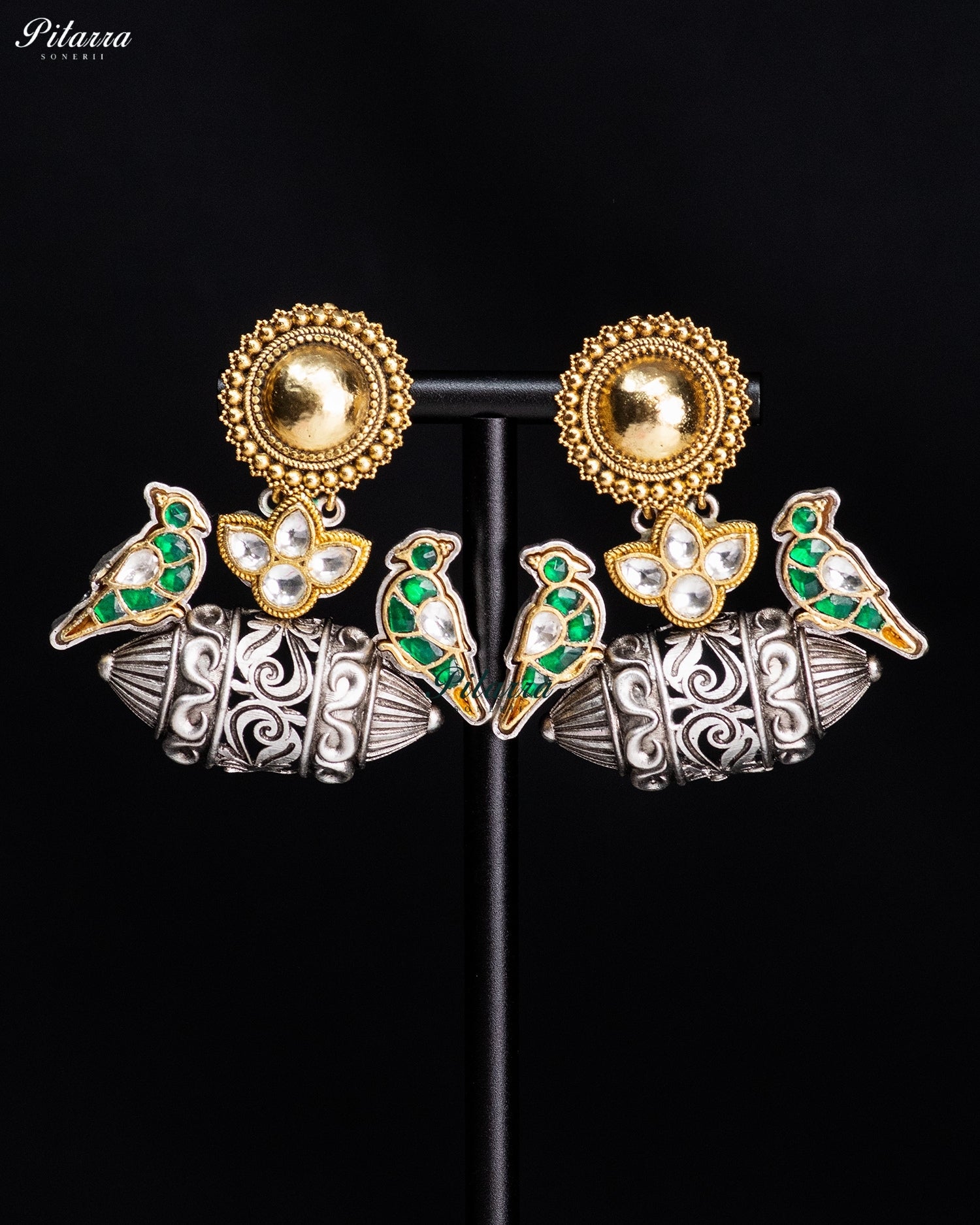 Green Parrot Motif Silver Look-Alike Statement Earrings