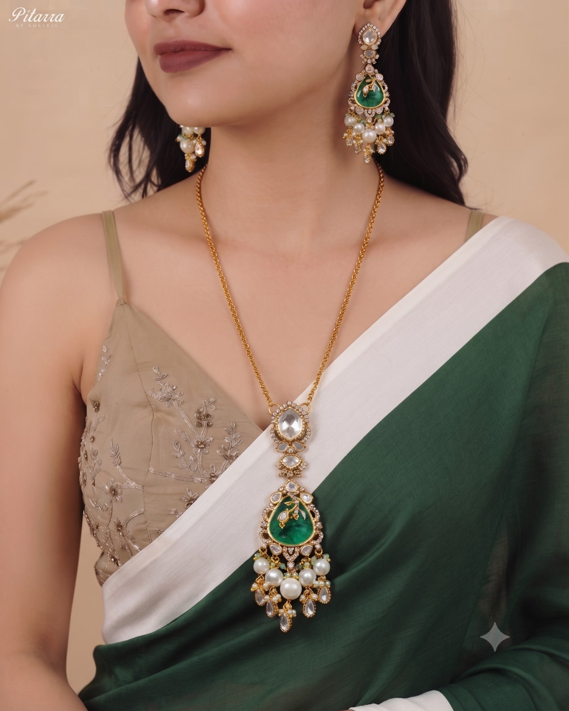 Green Stone Gold Plated Beaded Traditional Necklace Set