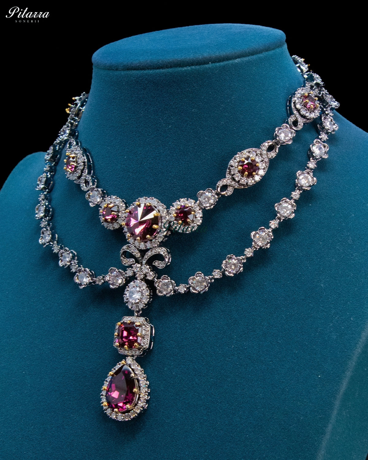 Ruby Crystal Double-Layer Teardrop Statement Necklace Set
