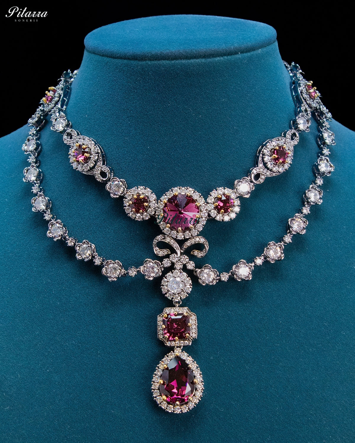 Ruby Crystal Double-Layer Teardrop Statement Necklace Set