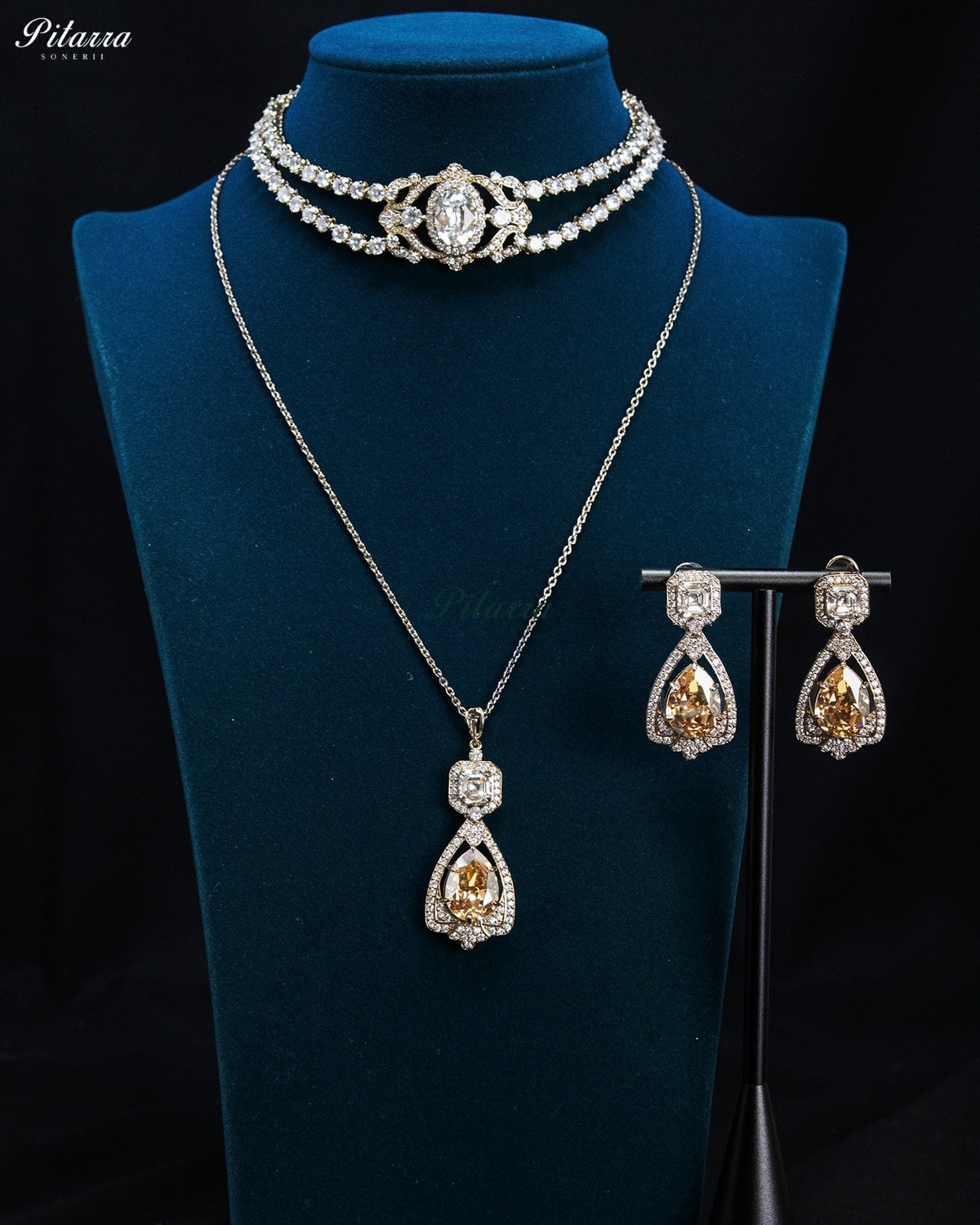 Champagne Crystal Choker and Teardrop Pendant Necklace Set