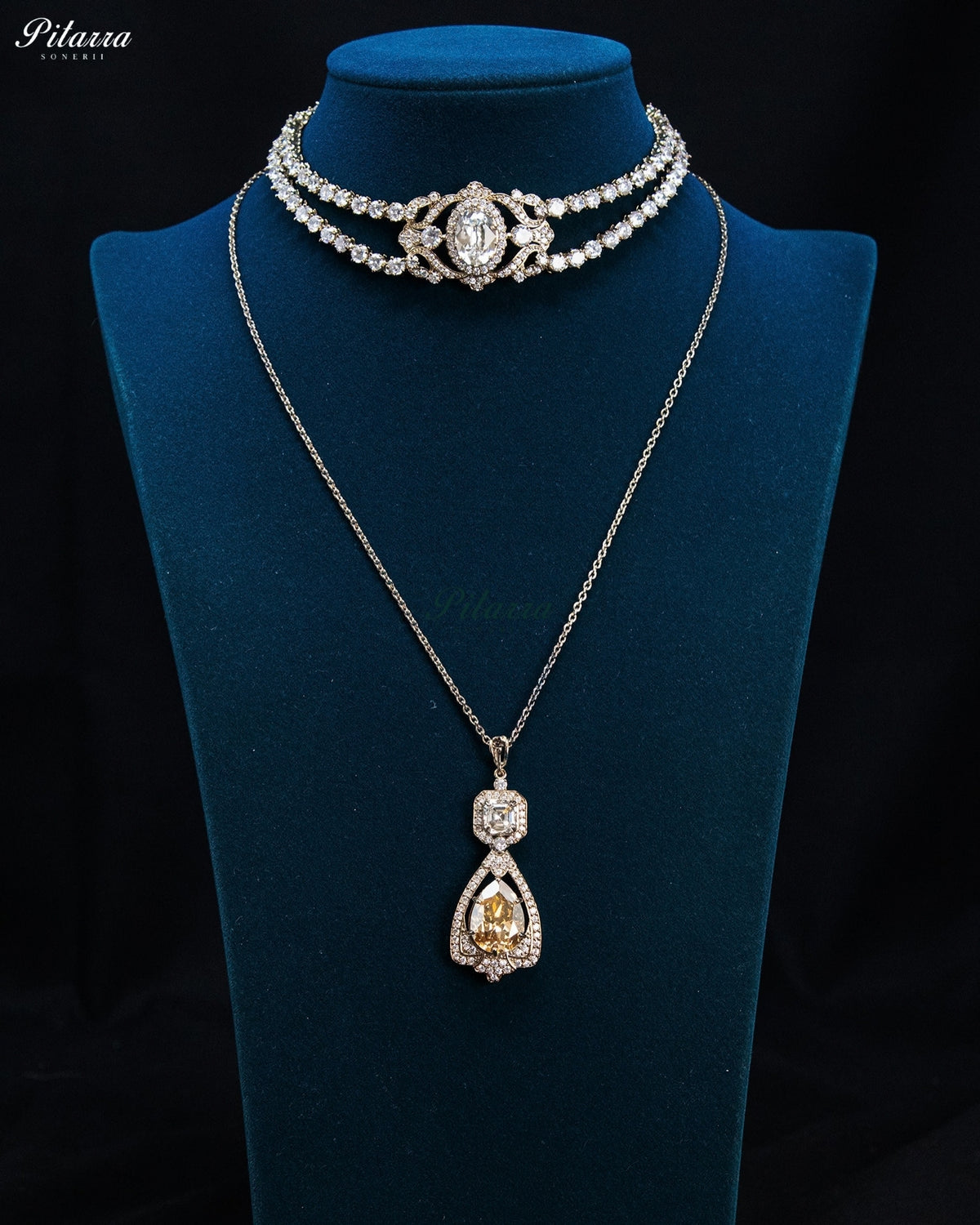 Champagne Crystal Choker and Teardrop Pendant Necklace Set