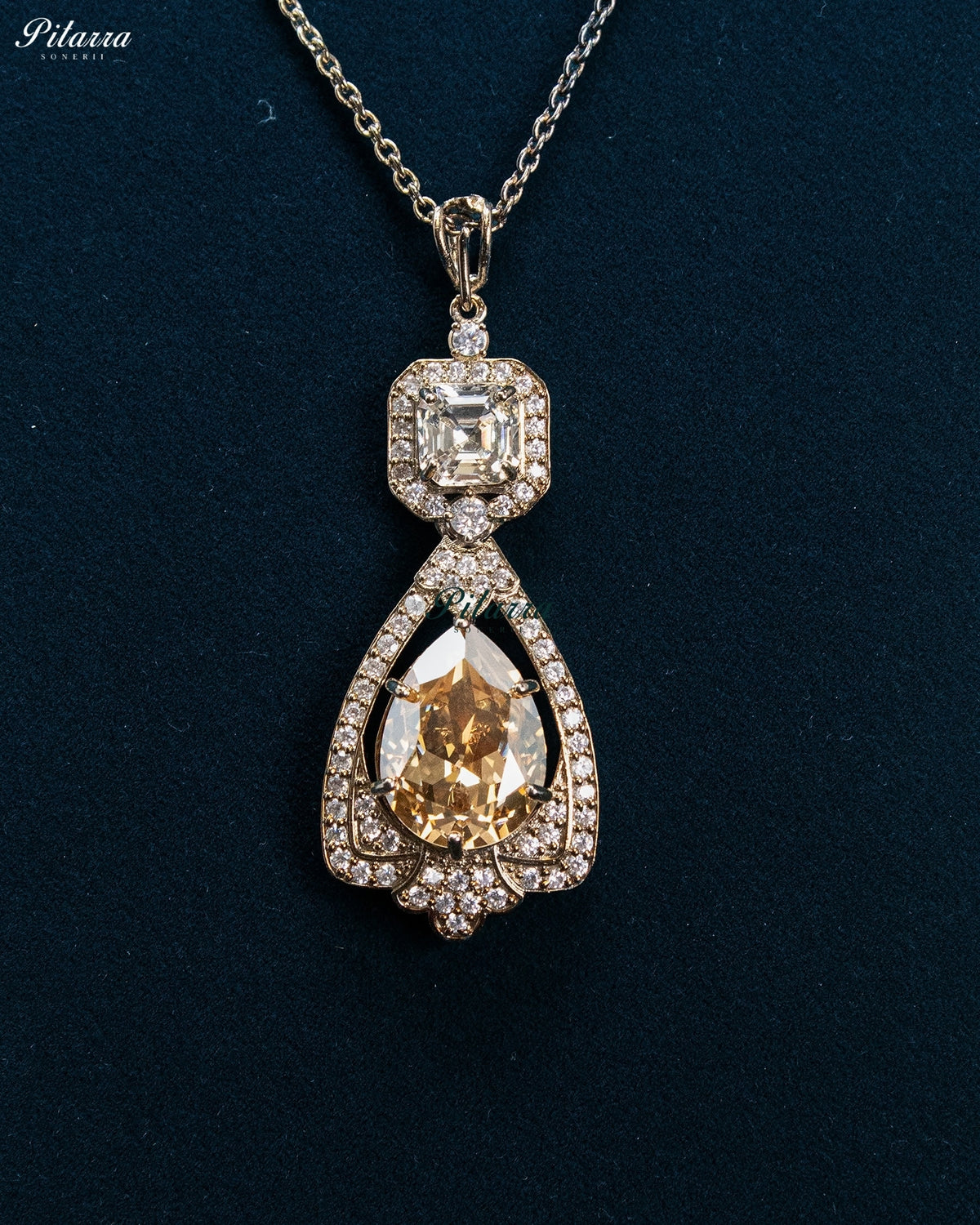 Champagne Crystal Choker and Teardrop Pendant Necklace Set