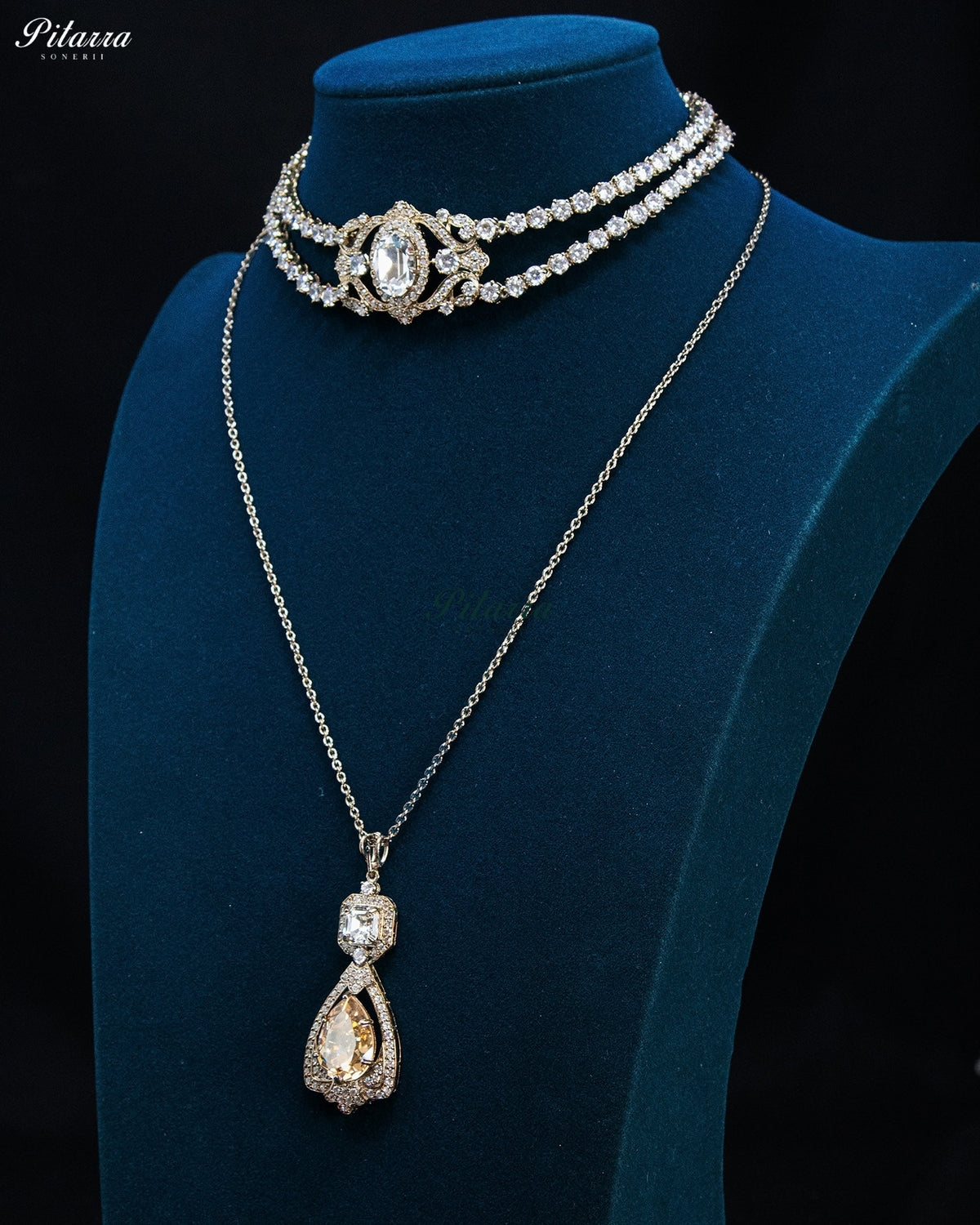 Champagne Crystal Choker and Teardrop Pendant Necklace Set
