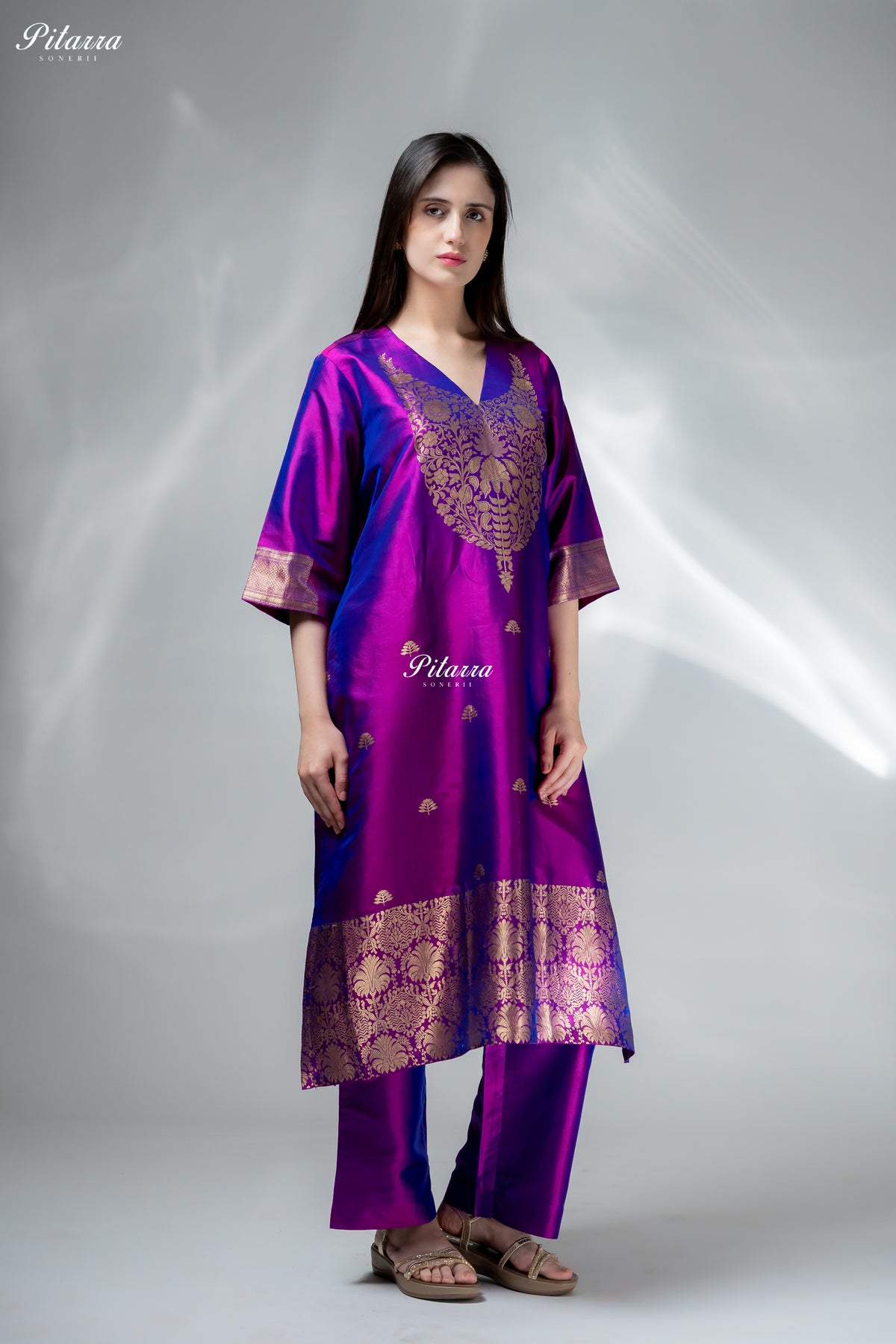 Royal Purple & Blue Gold Zari Floral Embroidered Kurta Palazzo Set
