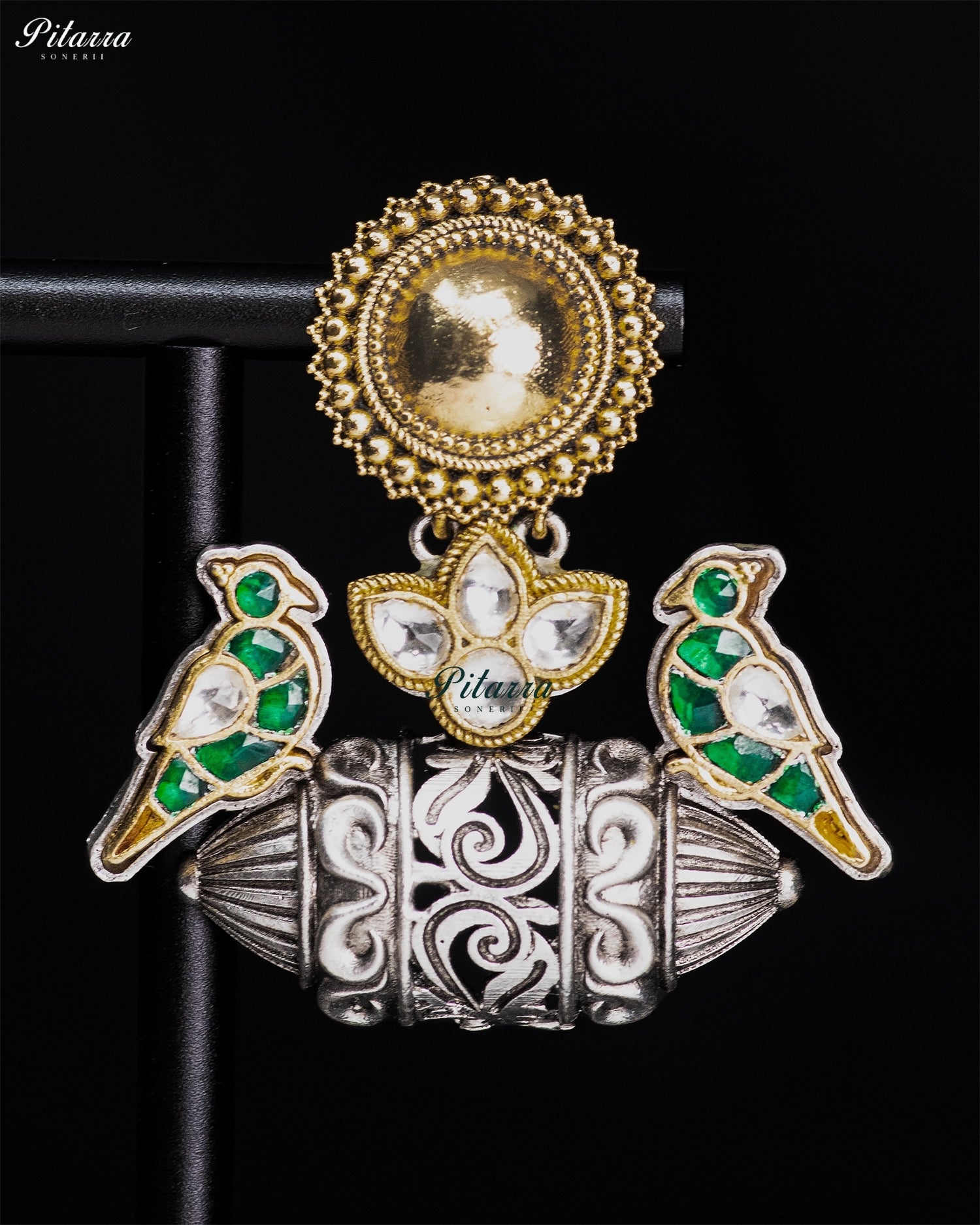 Green Parrot Motif Silver Look-Alike Statement Earrings