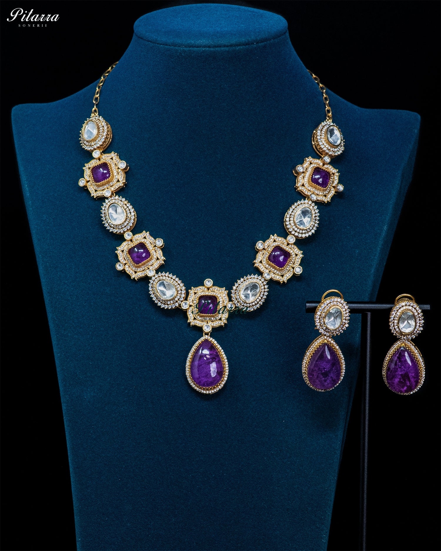 Purple Square and Teardrop Kundan Necklace Set