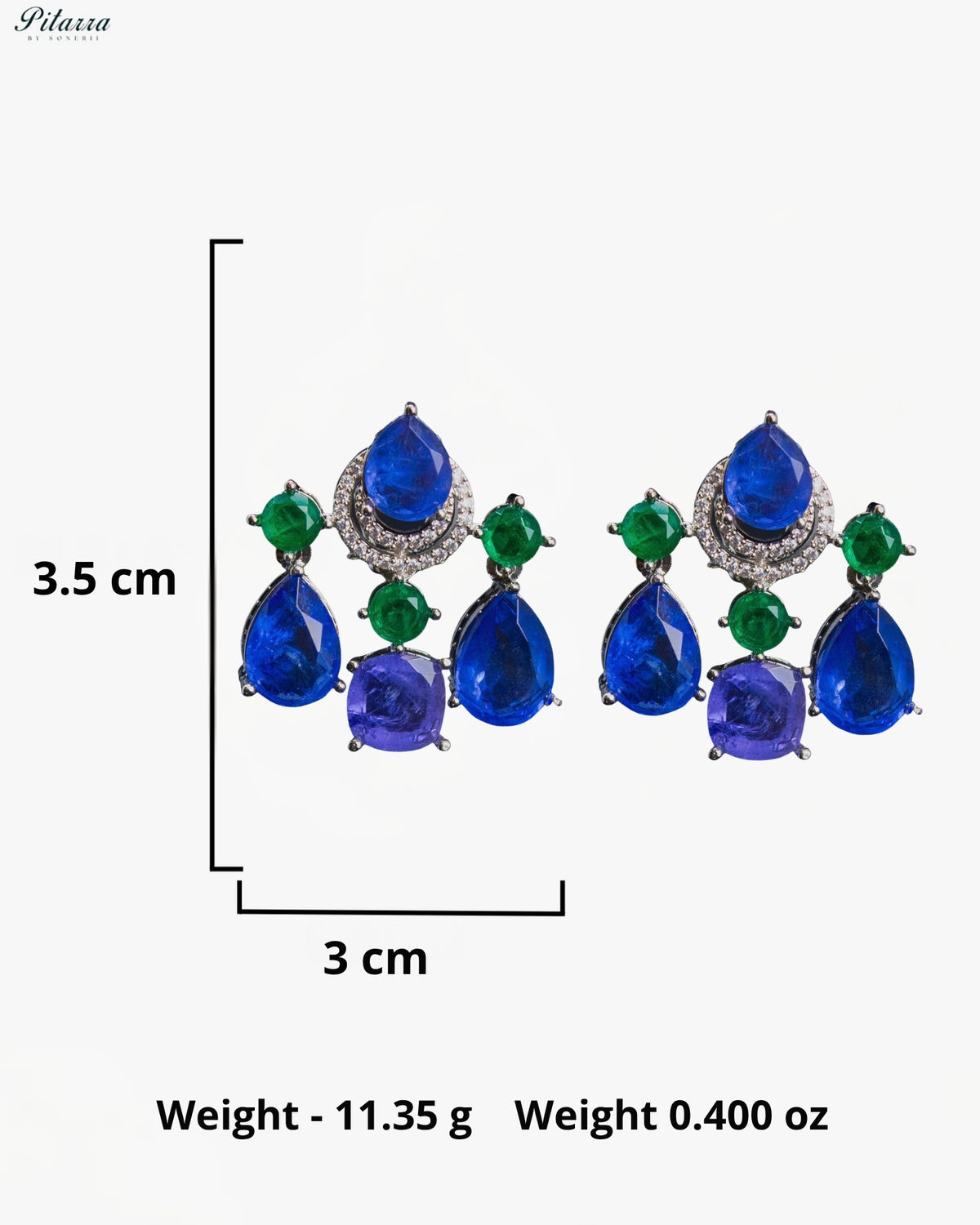 Royal Blue Green Crystal Silver Tone Designer Chandbali Drop Earrings
