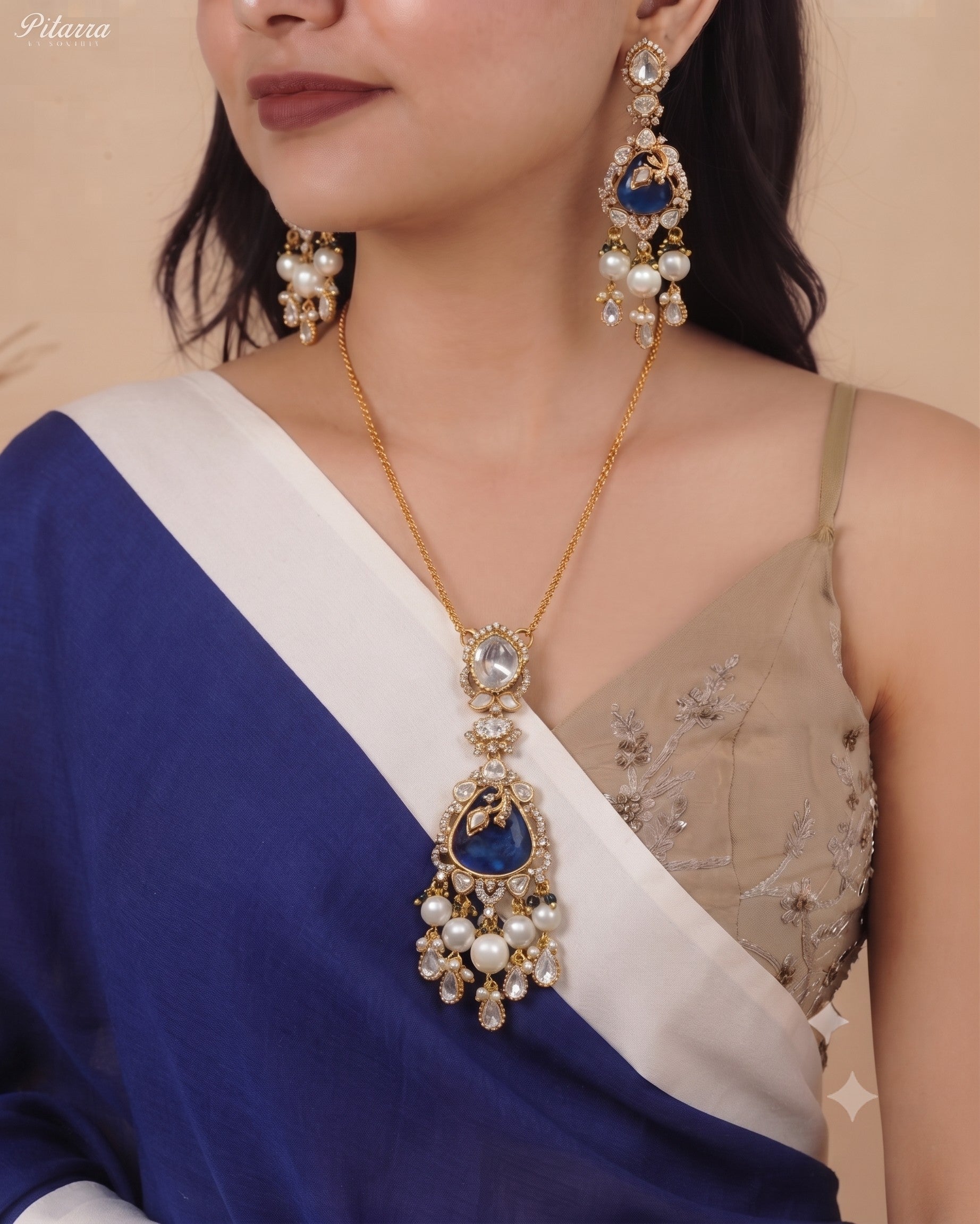 Blue Stone Gold Plated Beaded Traditional Necklace Set