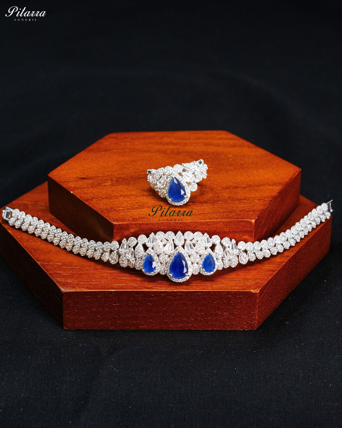 Royal Blue Teardrop Crystal Bridal Necklace Set