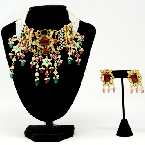 Multi Color and White Pearls Kundan Necklace Set