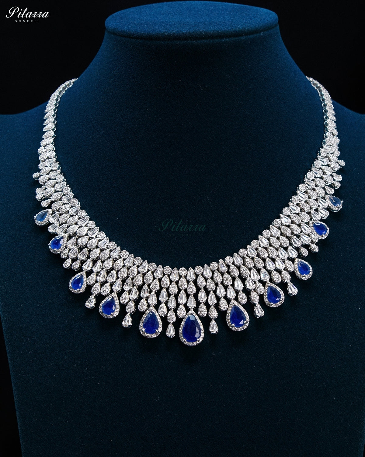 Royal Blue Teardrop Crystal Bridal Necklace Set