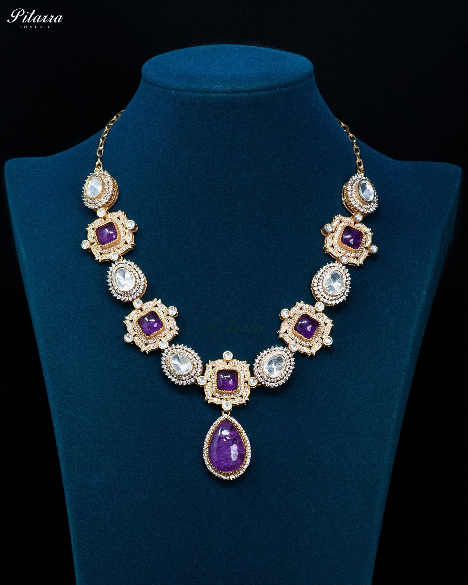 Purple Square and Teardrop Kundan Necklace Set