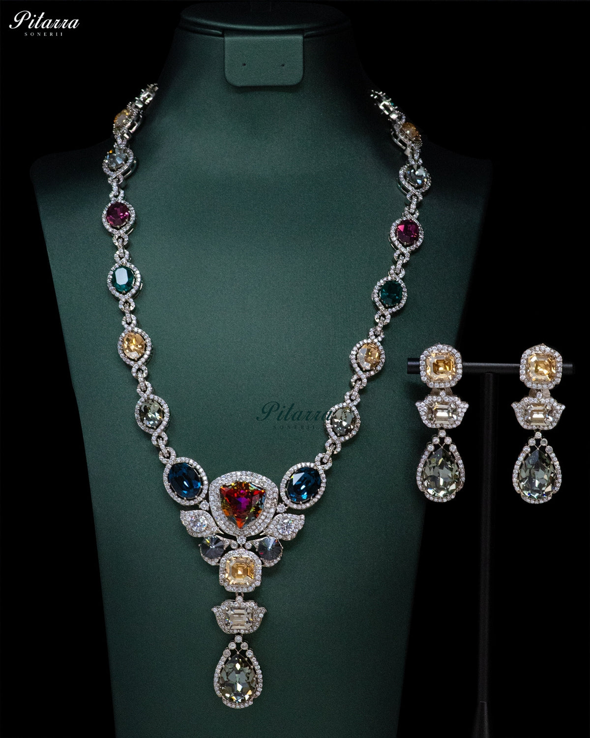Blue Multicolor Crystal Pendant Necklace Set