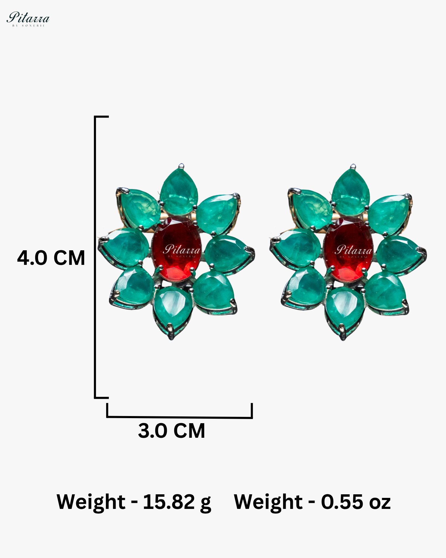Red Floral Green Petals CZ Crystal Stud Earrings