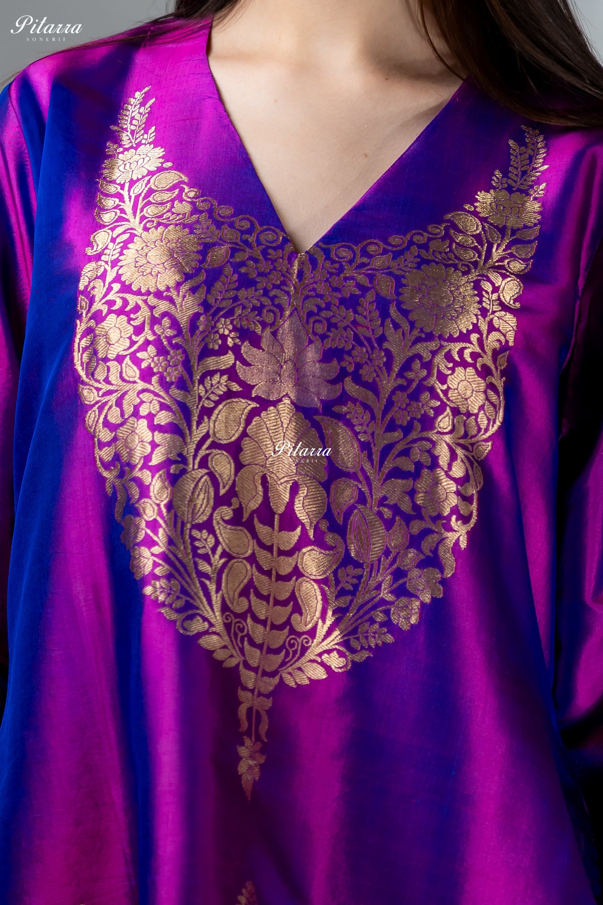 Royal Purple & Blue Gold Zari Floral Embroidered Kurta Palazzo Set