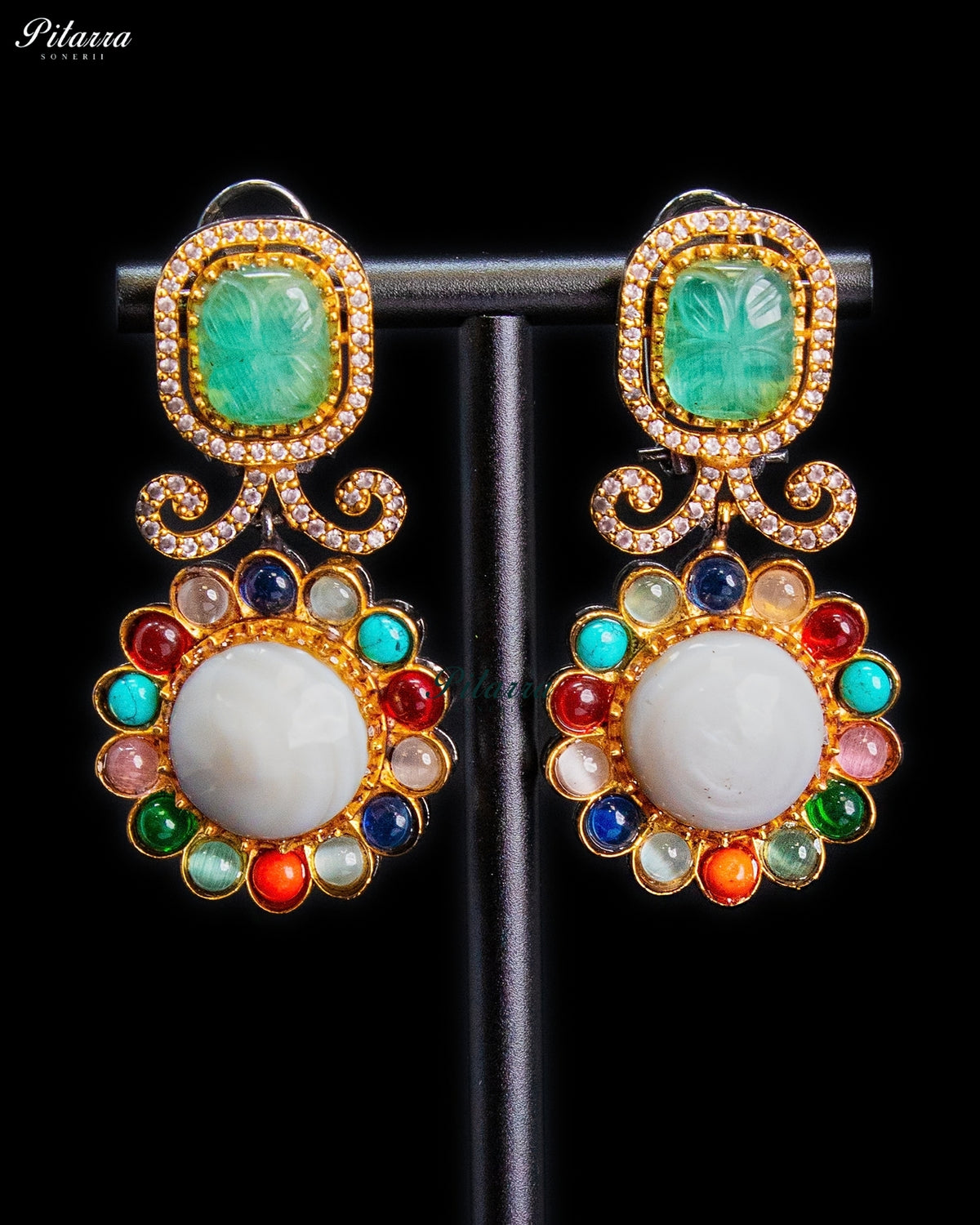 Mint Green Multicolor Kundan Style Gold Tone Ethnic Dangler Earrings