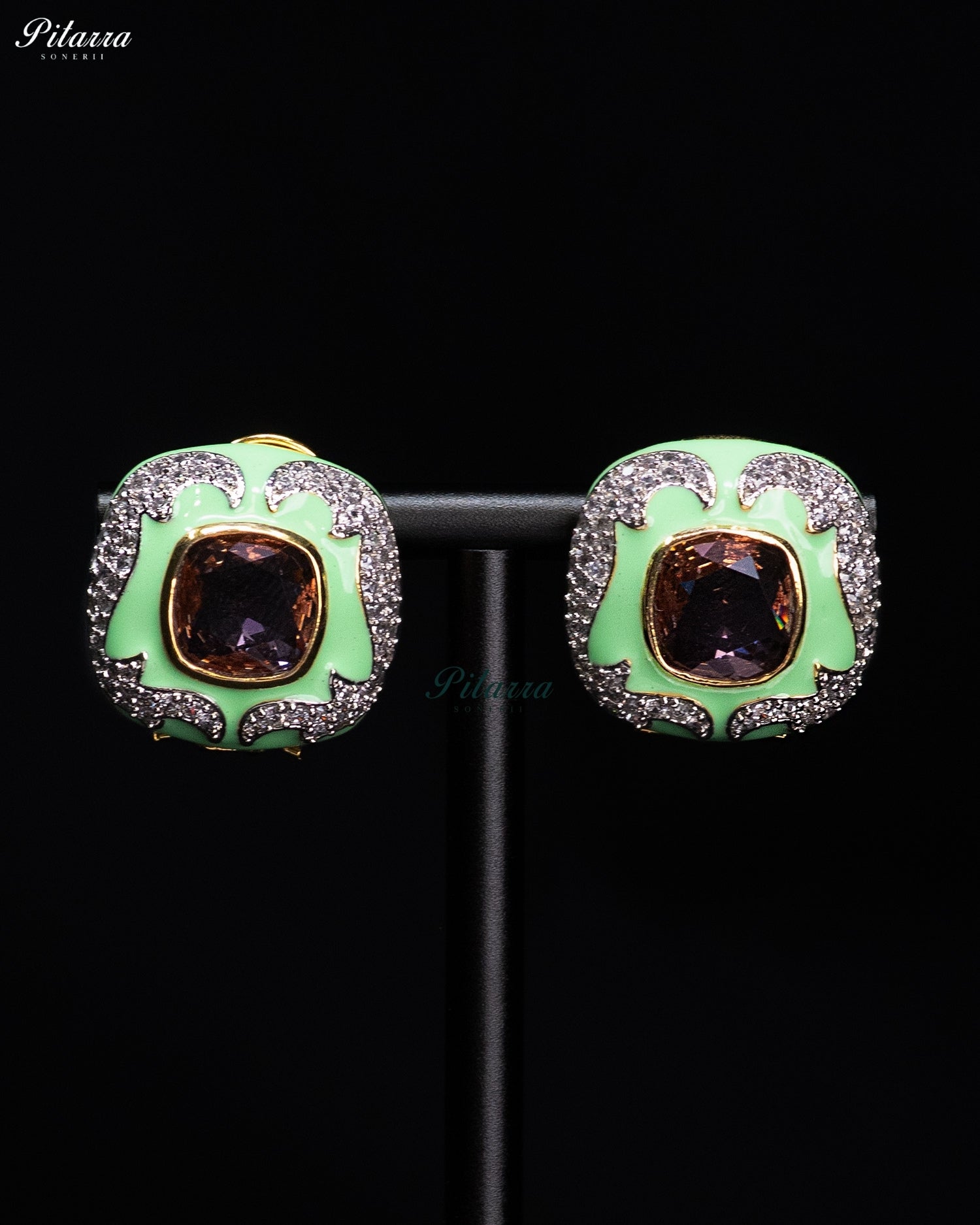 Mint Green And Smoky Brown Crystal Statement Earrings