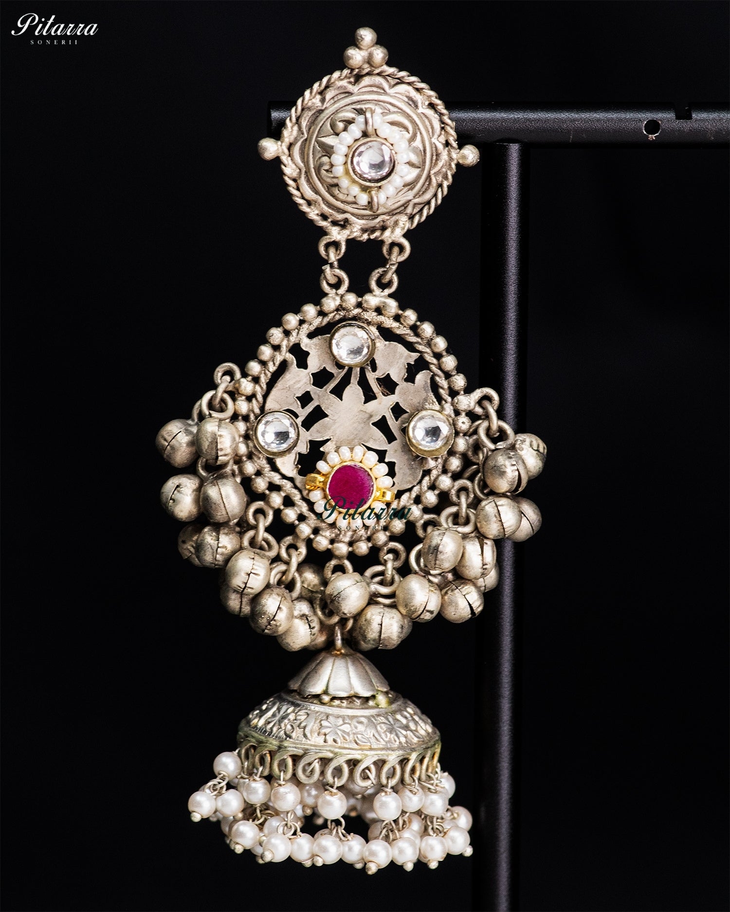 Pink Stone Silver Look-Alike Pearl Jhumka Earrings