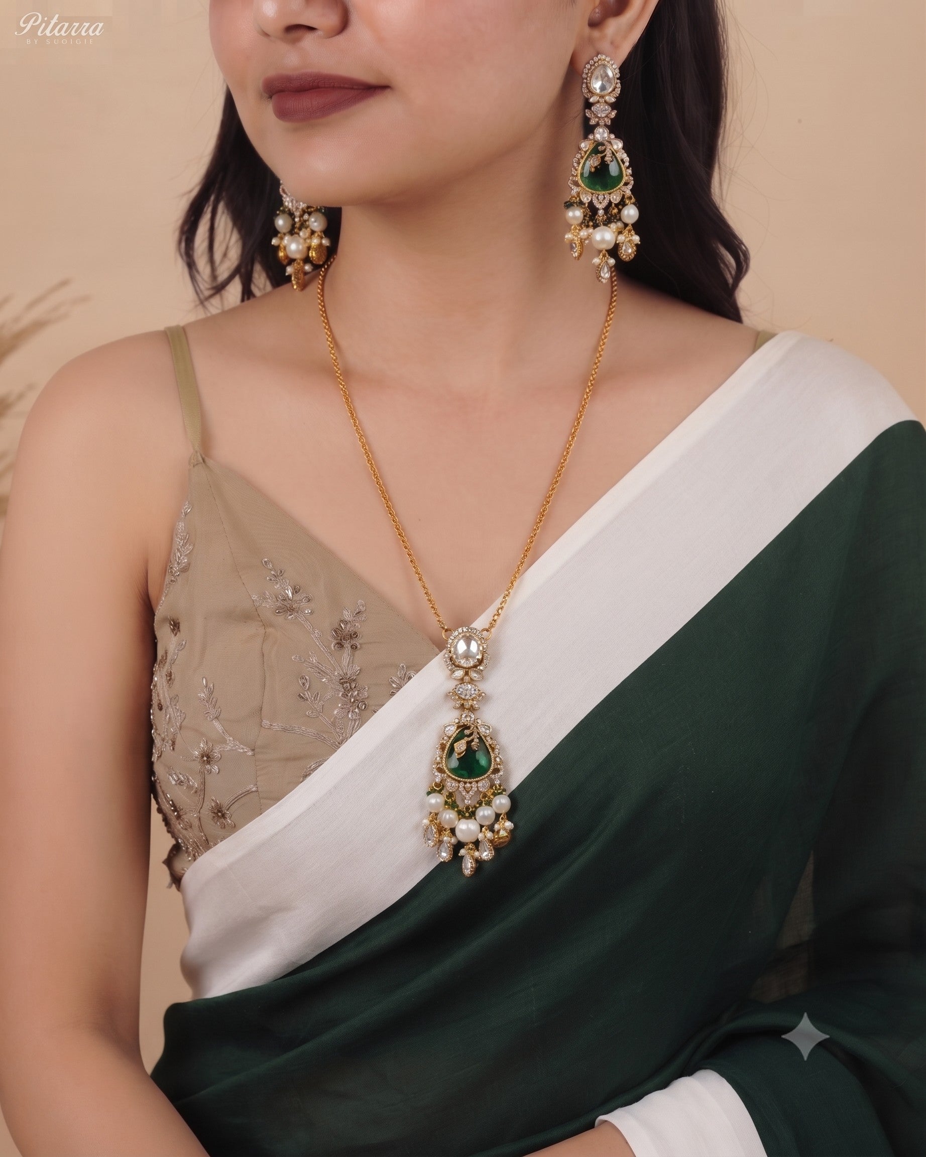 Emerald Stone Gold Plated Beaded Traditional Necklace Set