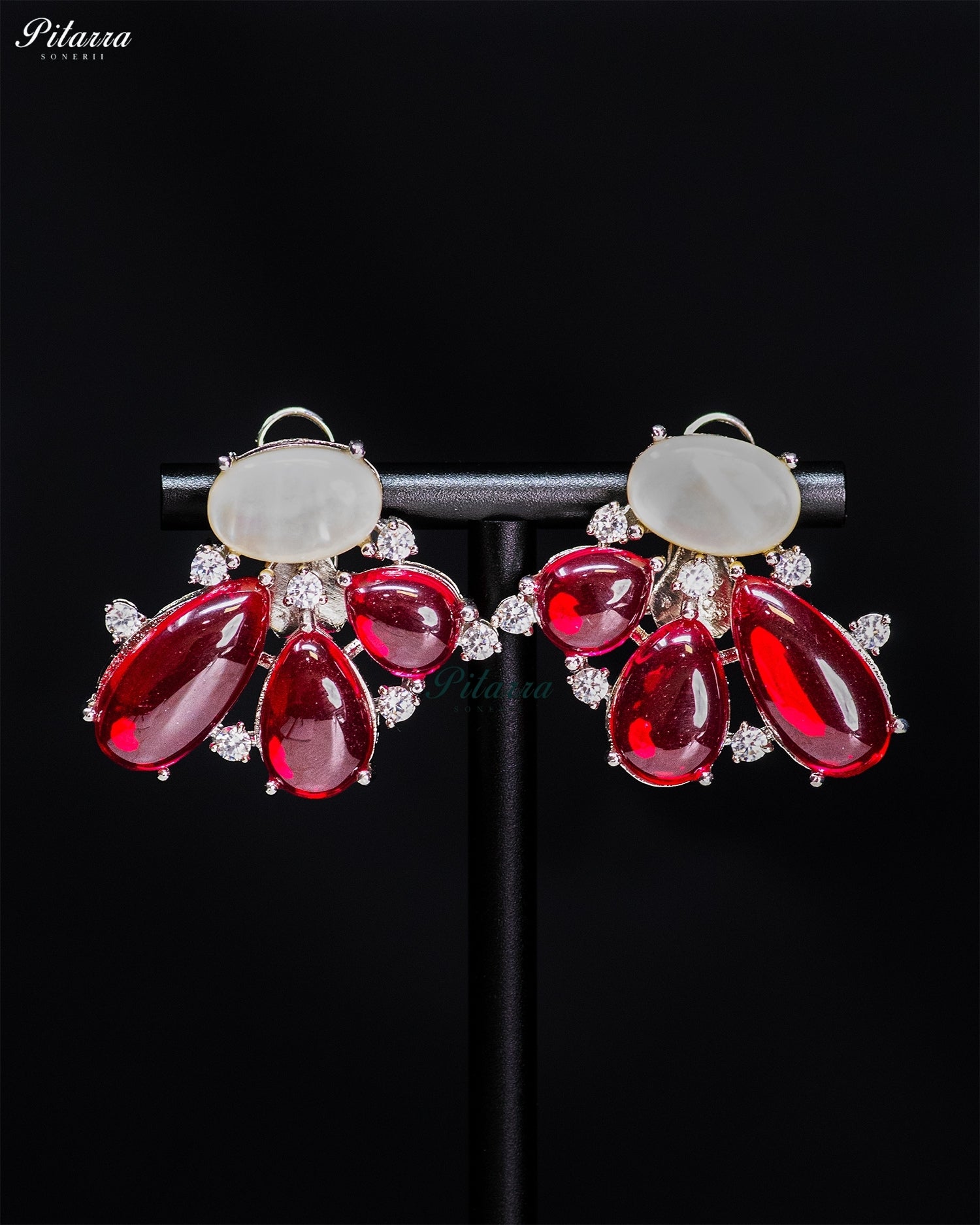 Ruby Red Crystal Floral Stud Earrings