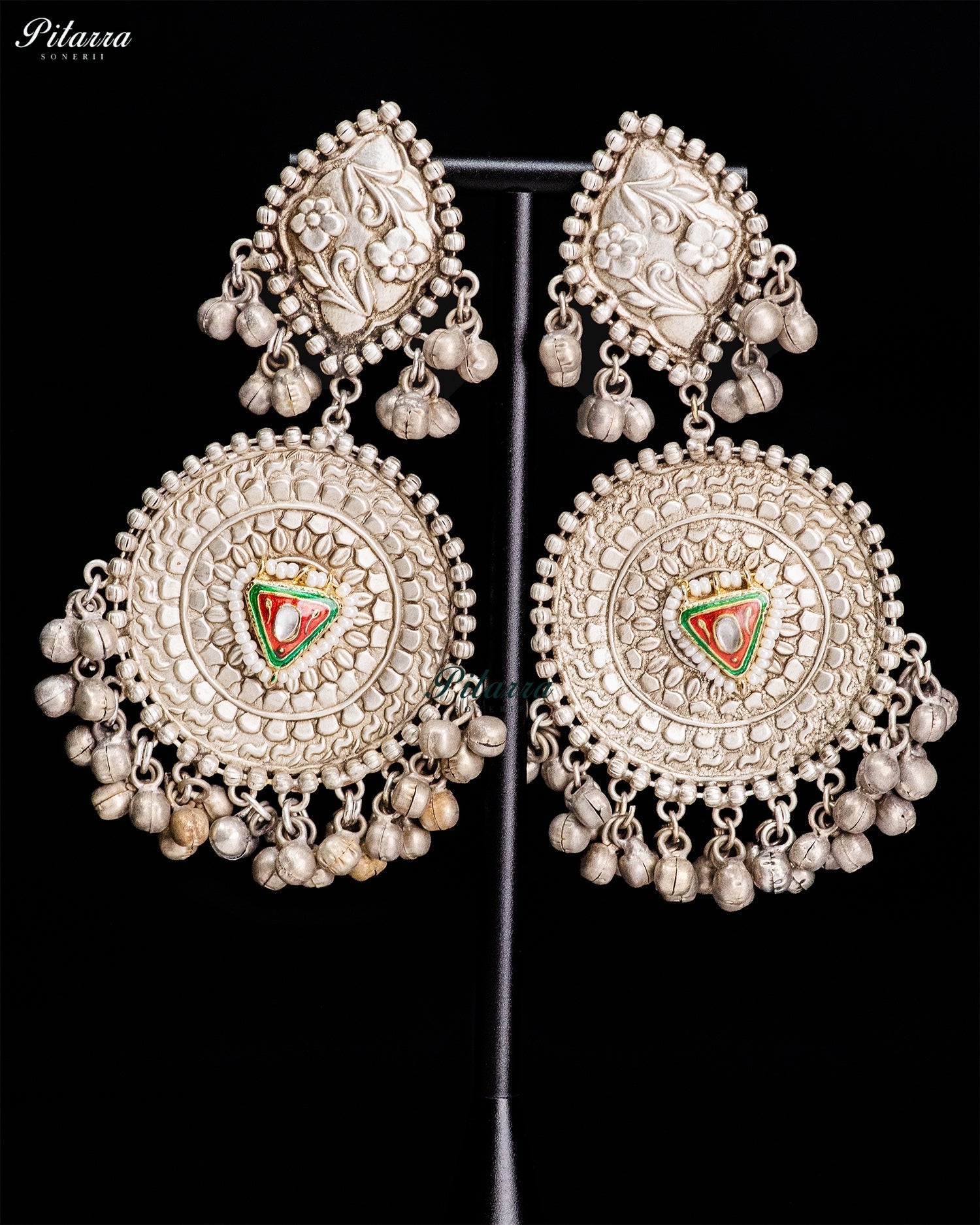 Floral Disc Silver Look-Alike Statement Earrings