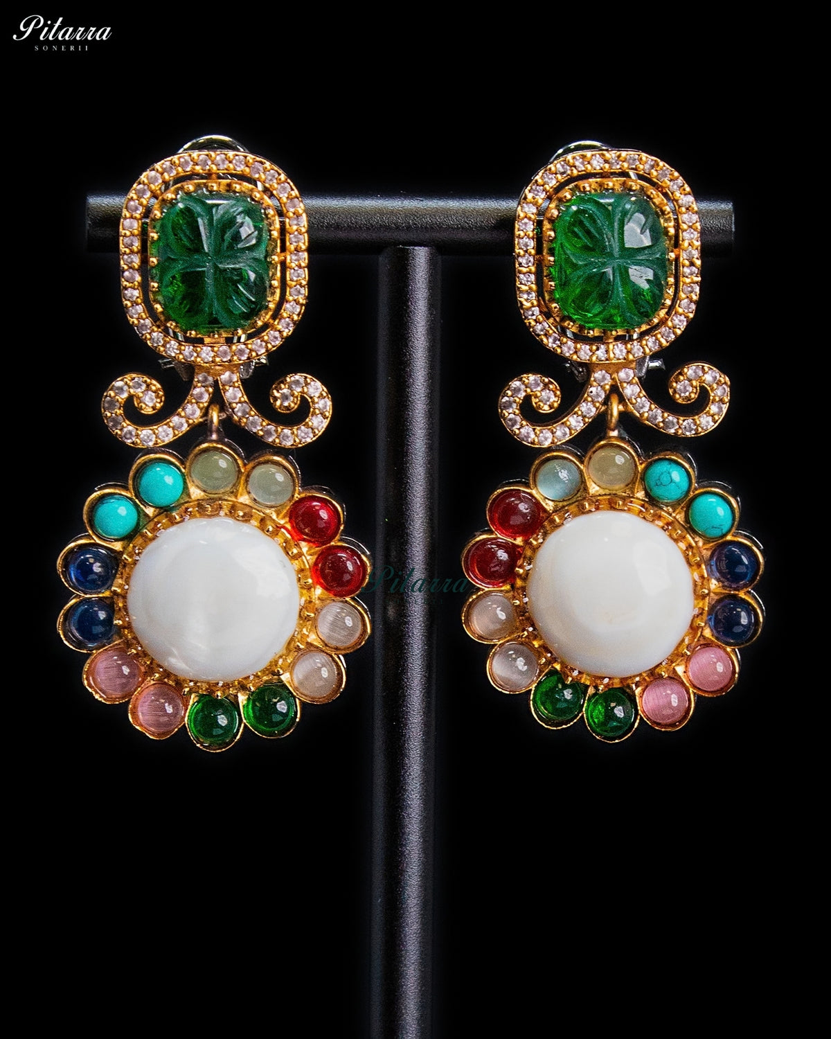 Emerald Green Multicolor Kundan Style Gold Tone Traditional Dangler Earrings