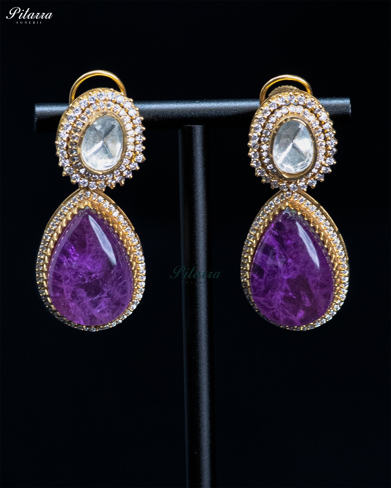 Purple Square and Teardrop Kundan Necklace Set