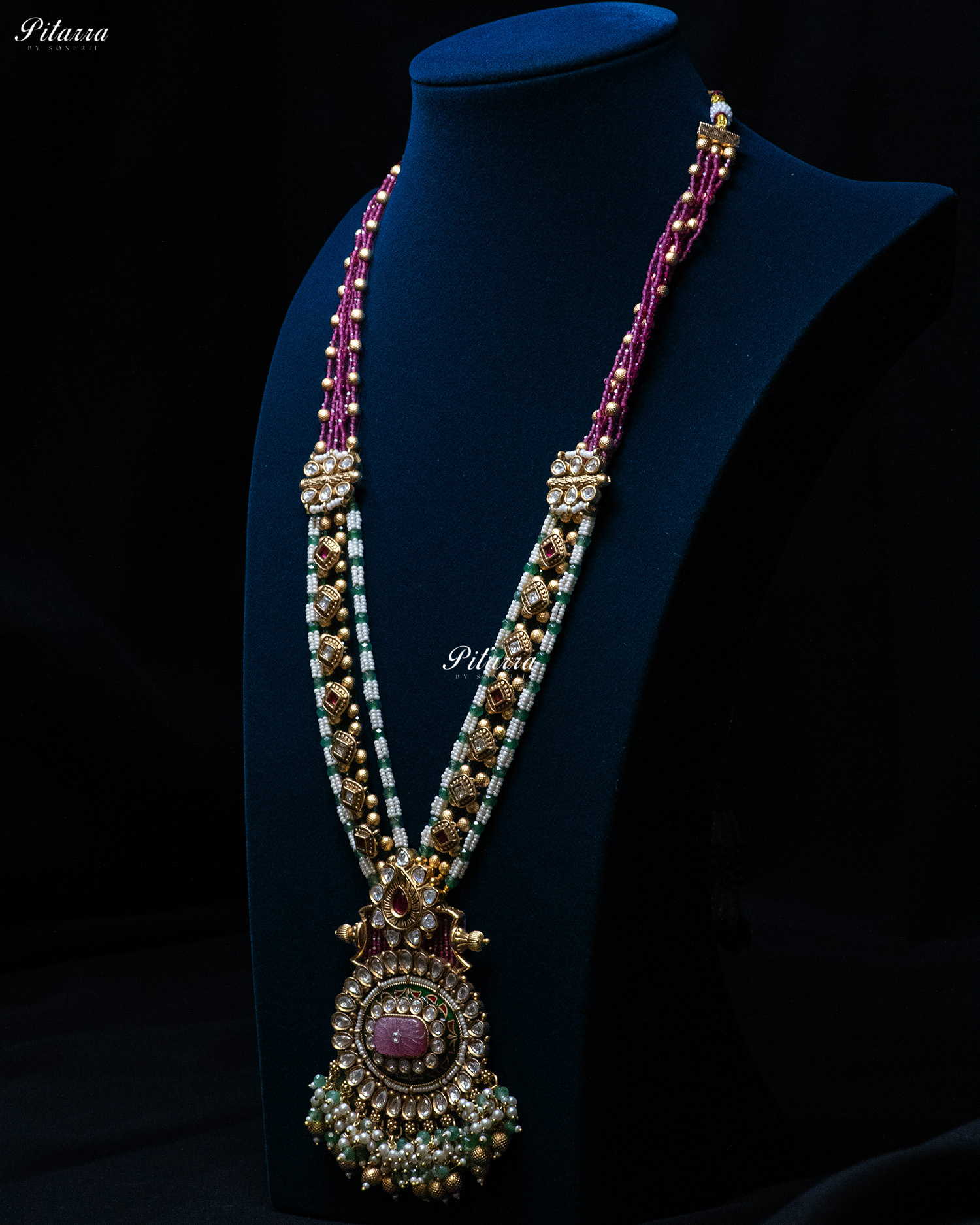 Pink Stone Multi Color Beads Long Kundan Necklace Set